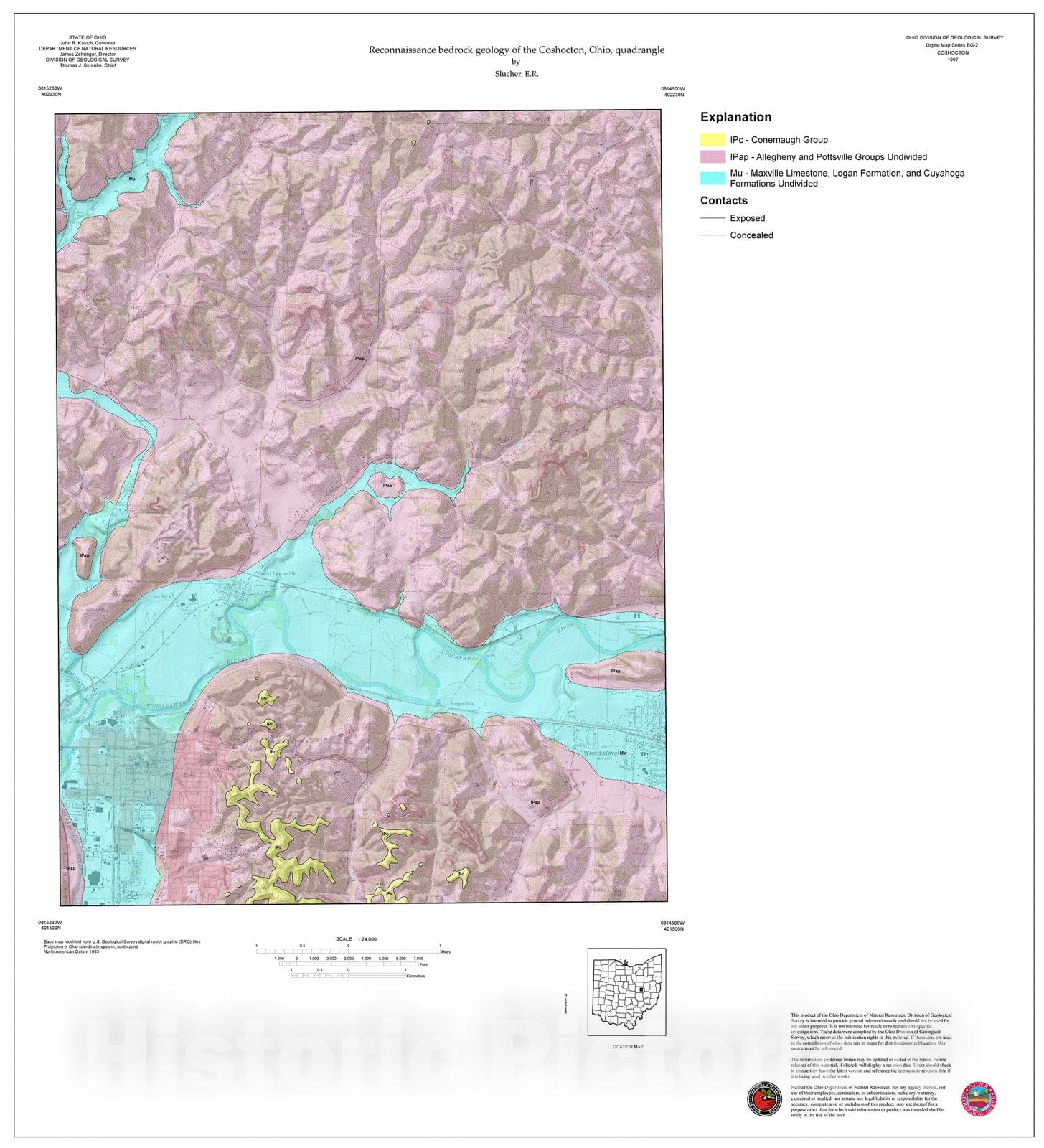 Map : Reconnaissance bedrock geology of the Coshocton, Ohio, quadrangle, 1997 Cartography Wall Art :