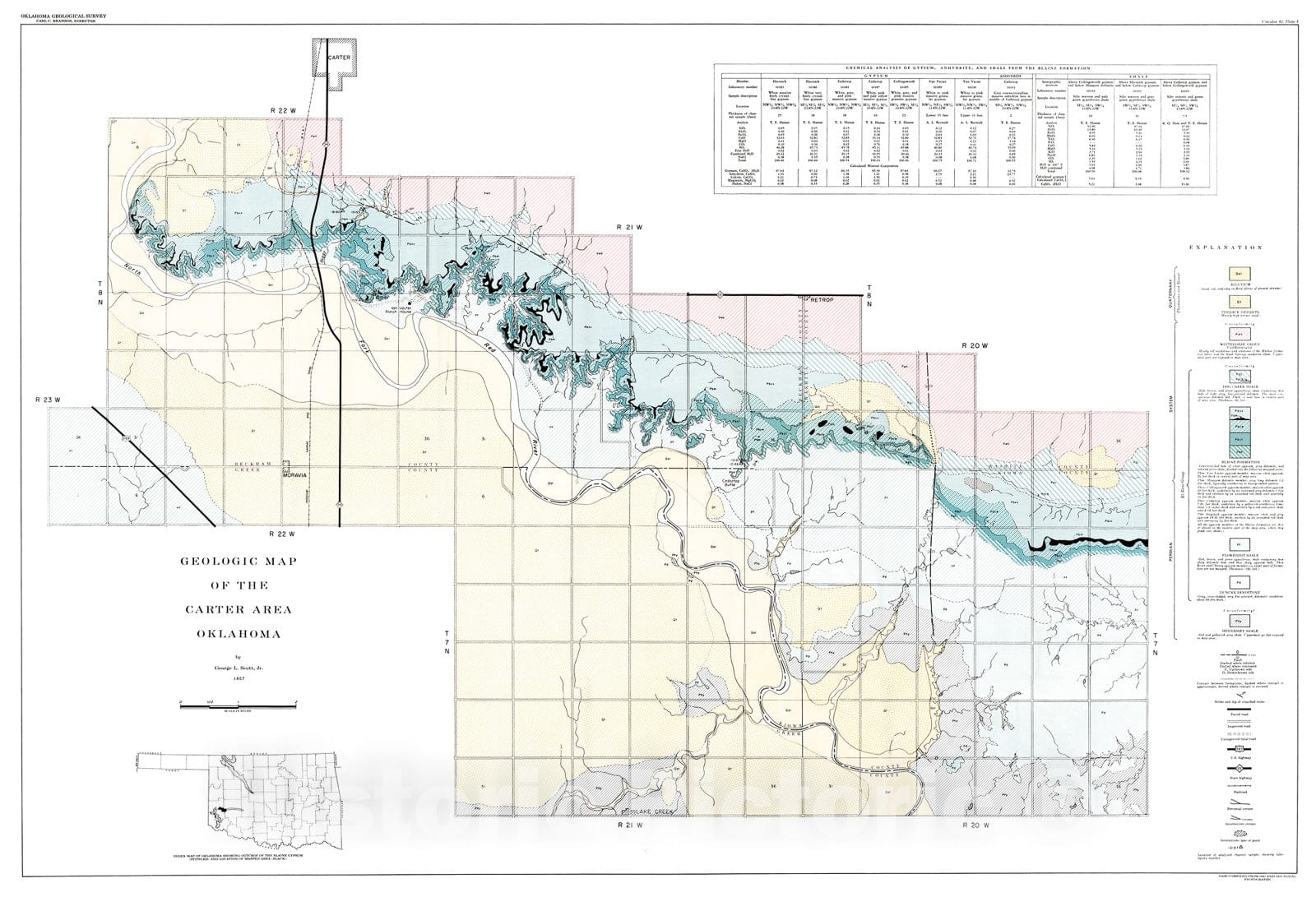 Map : Plate 1. Geologic map of the Carter area, Oklahoma, 1957 Cartography Wall Art :