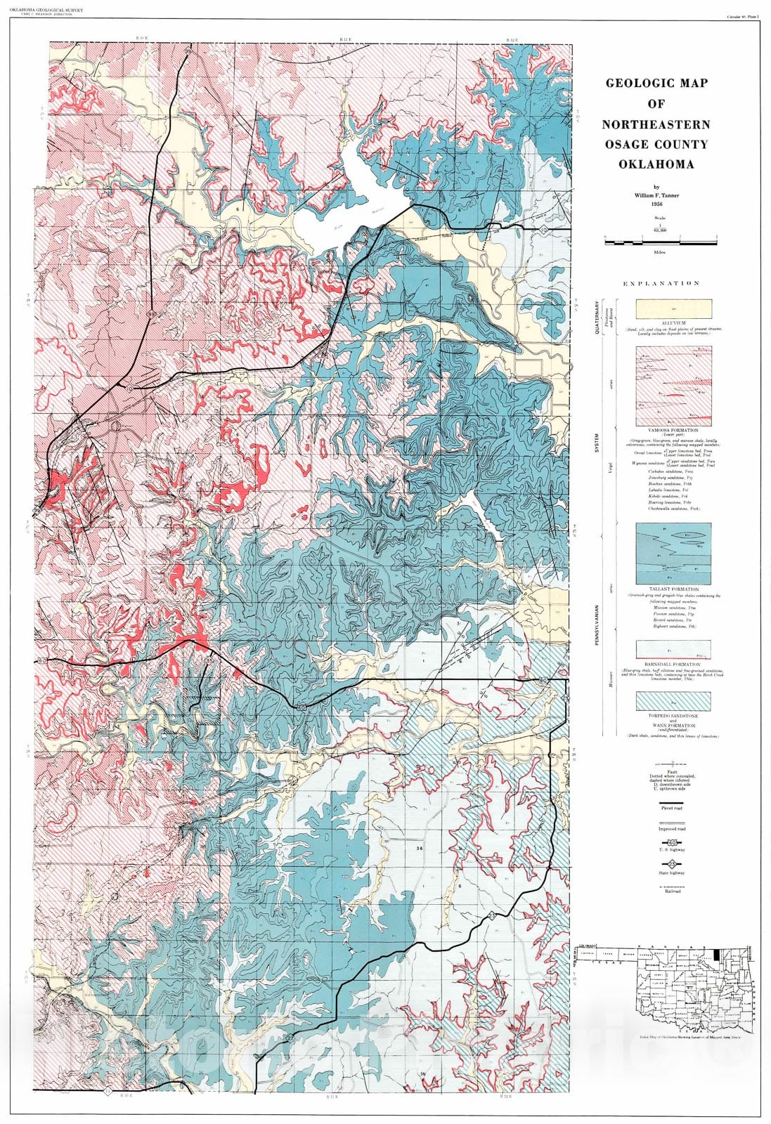 Map : Plate 1. Geologic map of northern Osage County, Oklahoma, 1956 Cartography Wall Art :