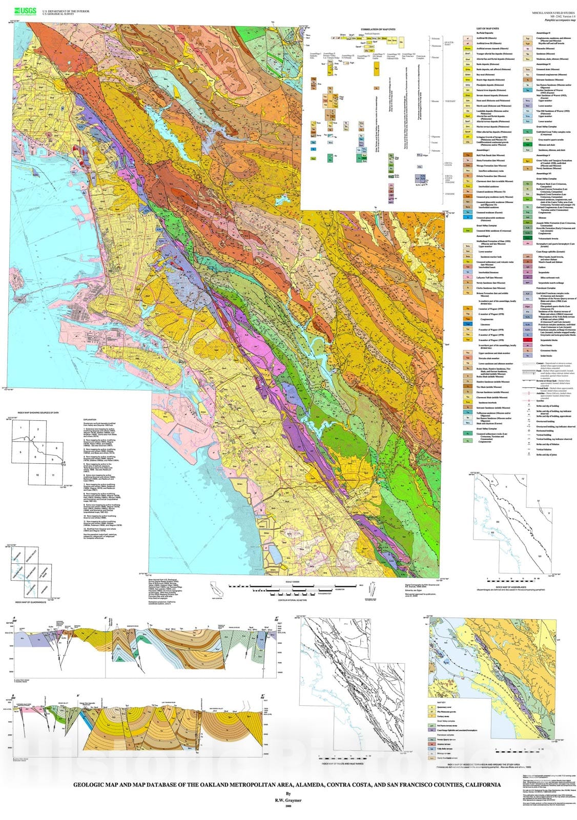 Map : Geologic map and map database of the Oakland metropolitan area, Alameda, Contra Costa, and San Francisco Counties, California, 2000 Cartography Wall Art :