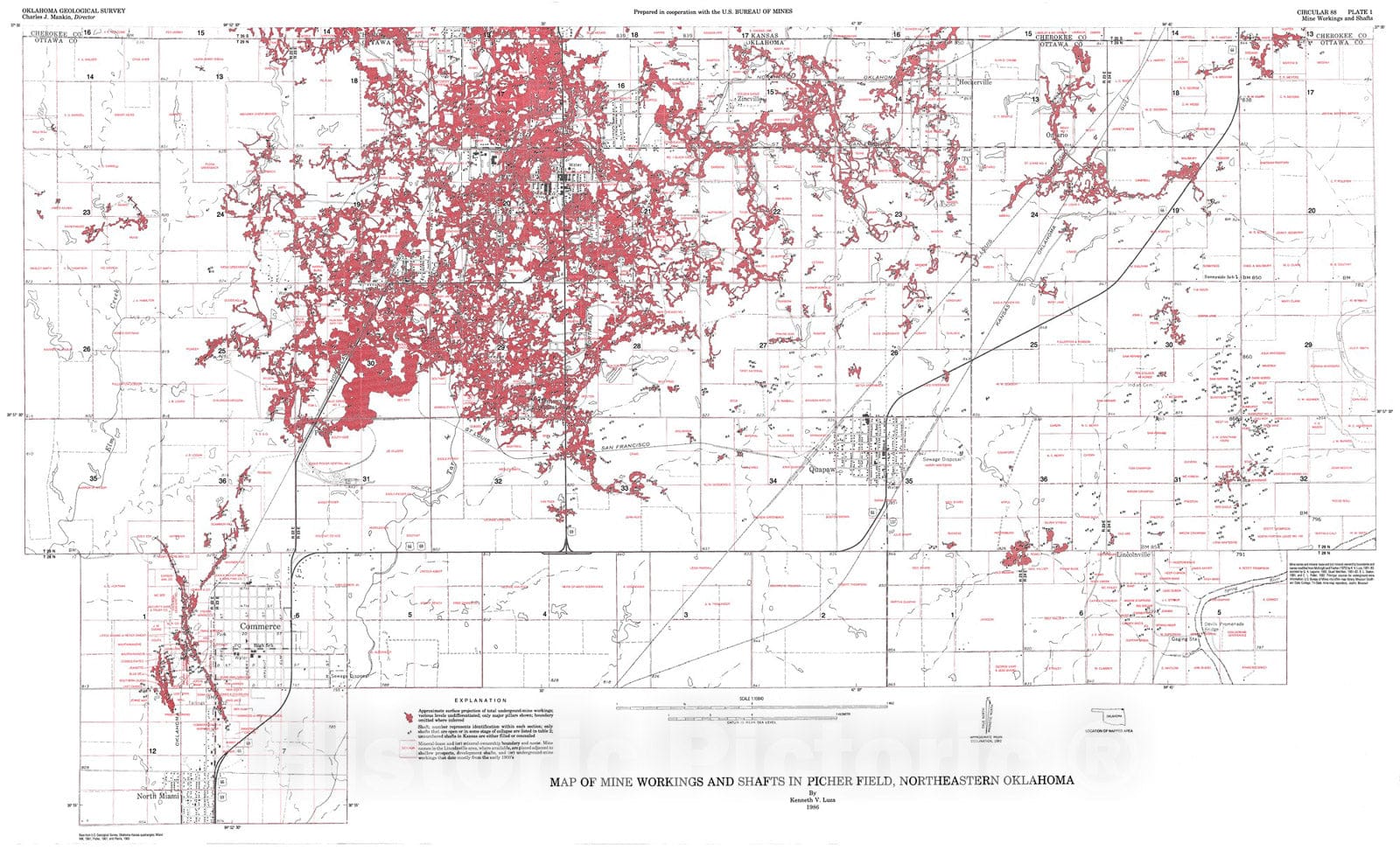 Map : Plate 1. Map of mine workings and shafts in Picher field, northeastern Oklahoma, 1986 Cartography Wall Art :
