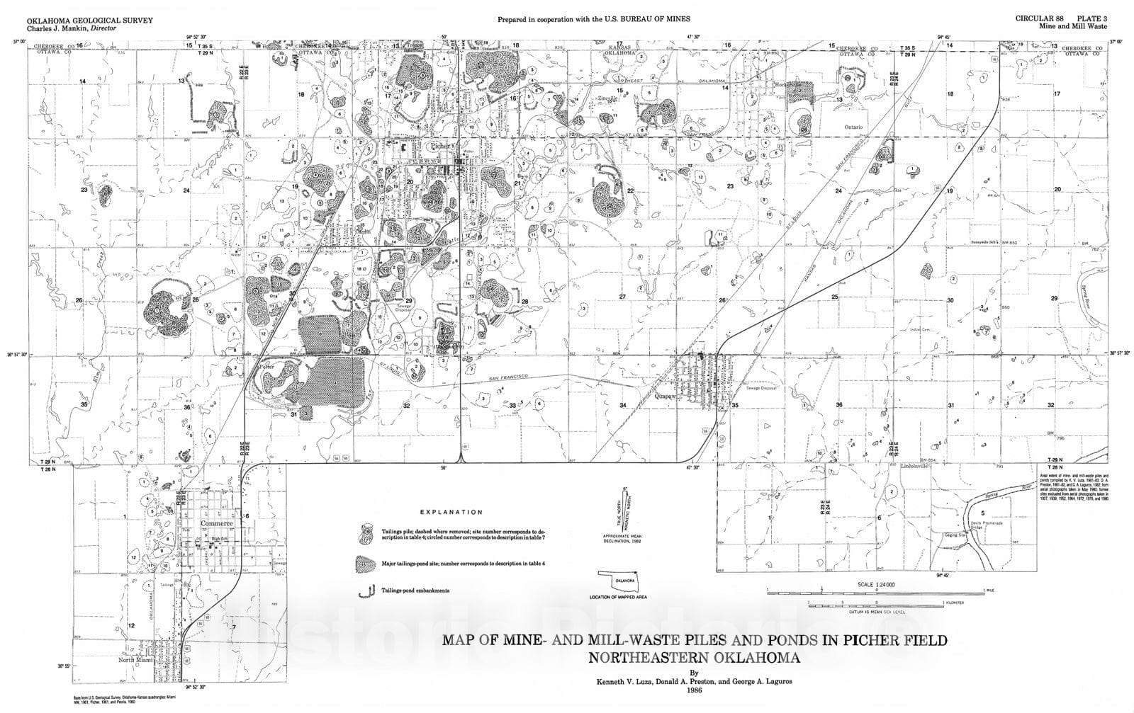 Map : Plate 3. Map of mine and mill waste piles and ponds in Picher field, northeastern Oklahoma, 1986 Cartography Wall Art :