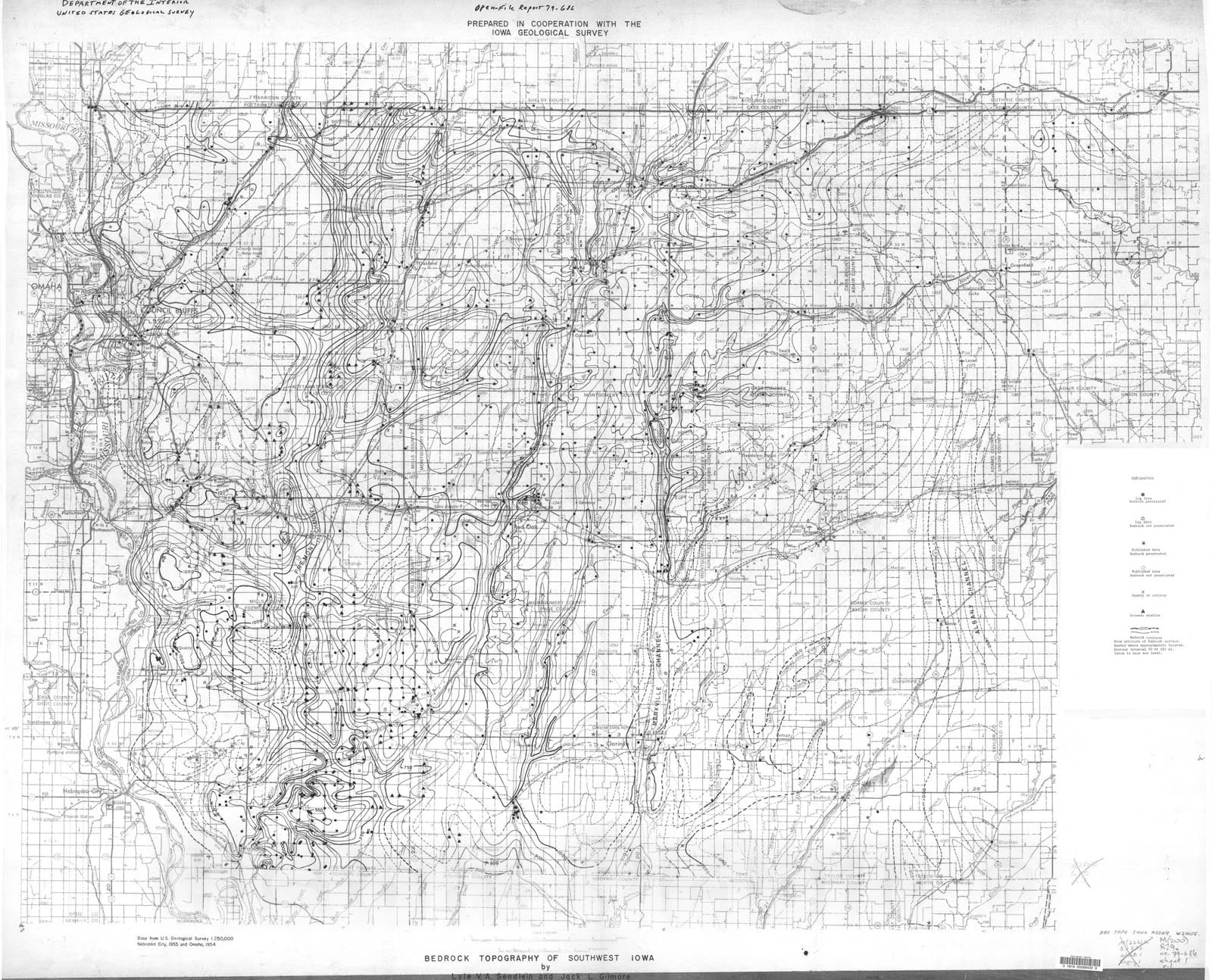 Map : Bedrock topography of southwest Iowa, 1979 Cartography Wall Art :