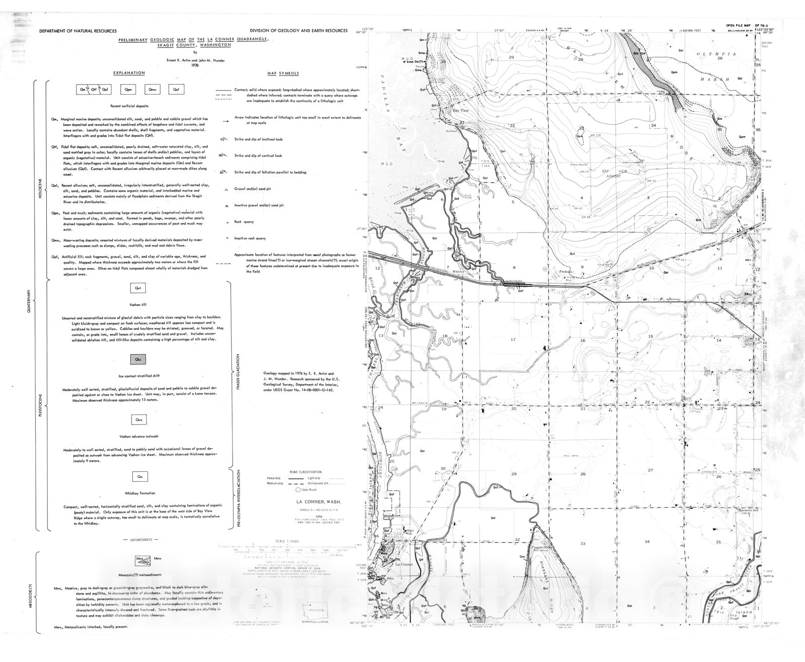 Map : Preliminary geologic map of the La Conner quadrangle in Skagit County, Washington, 1976 Cartography Wall Art :