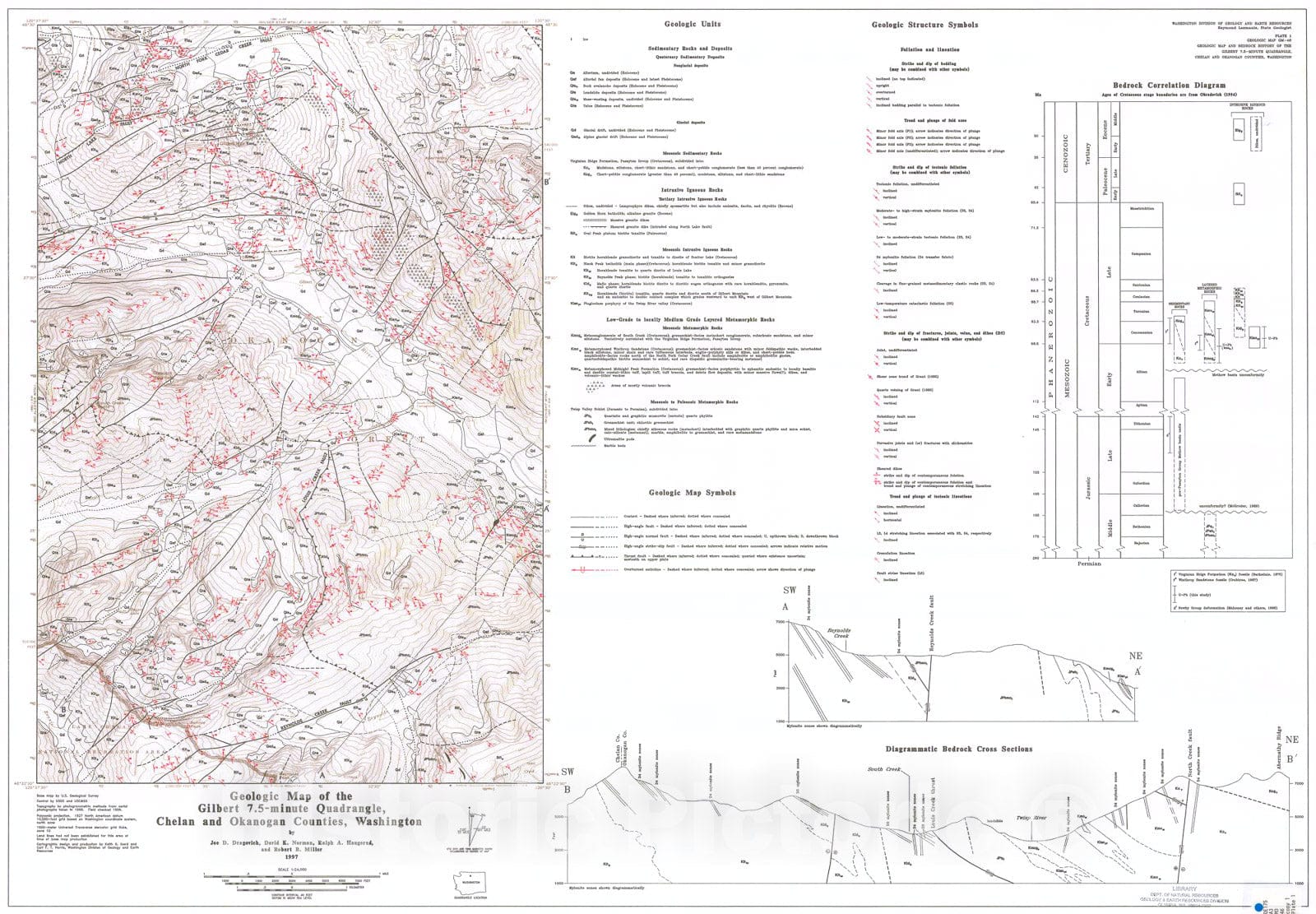 Map : Geologic map and bedrock history of the Gilbert 7.5-minute quadrangle, Chelan and Okanogan Counties, Washington, 1997 Cartography Wall Art :