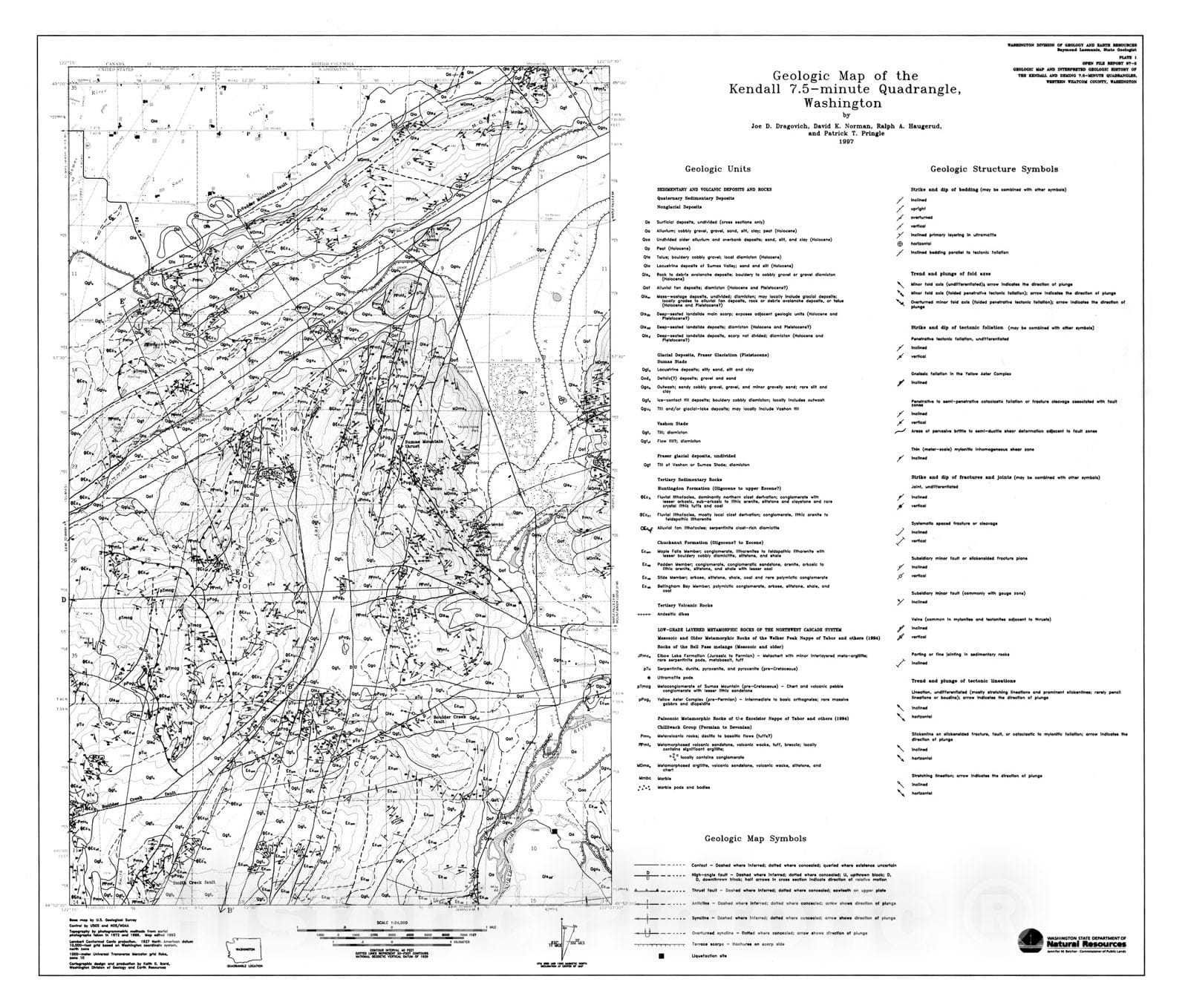 Map : Geologic map and interpreted geologic history of the Kendall and Deming 7.5-minute quadrangles, western Whatcom County, Washington, 1997 Cartography Wall Art :