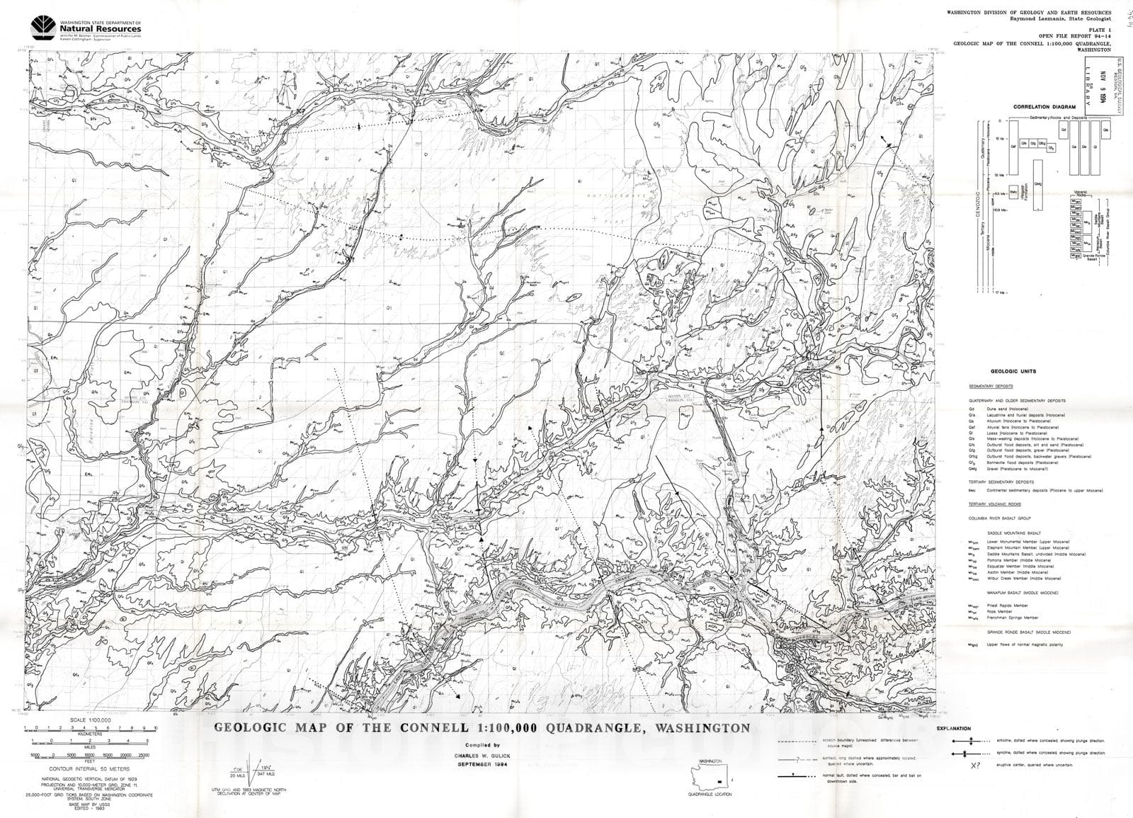 Map : Geologic map of the Connell 1:100,000 quadrangle, Washington, 1994 Cartography Wall Art :