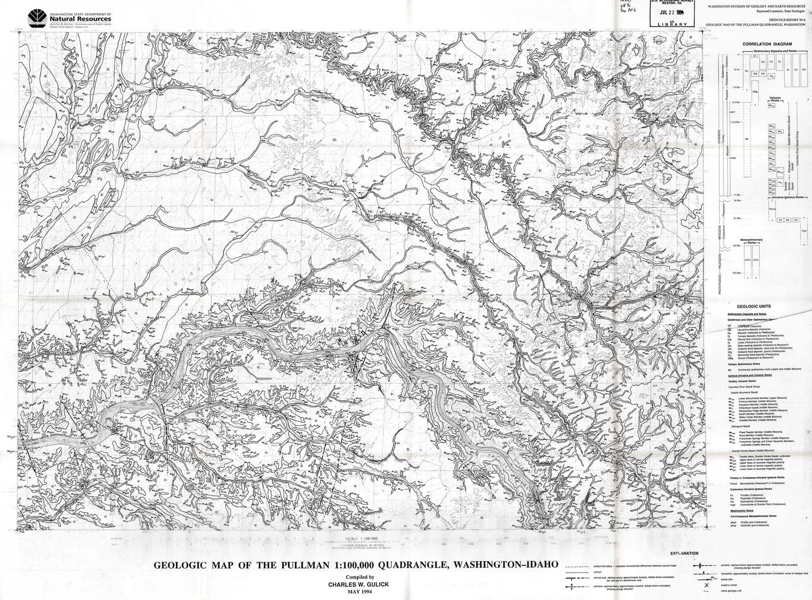 Map : Geologic map of the Pullman 1:100,000 quadrangle, Washington-Idaho, 1994 Cartography Wall Art :