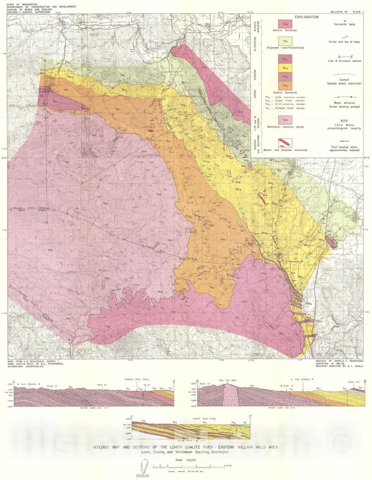 Map : Eocene stratigraphy of the Lower Cowlitz River-eastern Willapa Hills area, southwestern Washington, 1956 Cartography Wall Art :