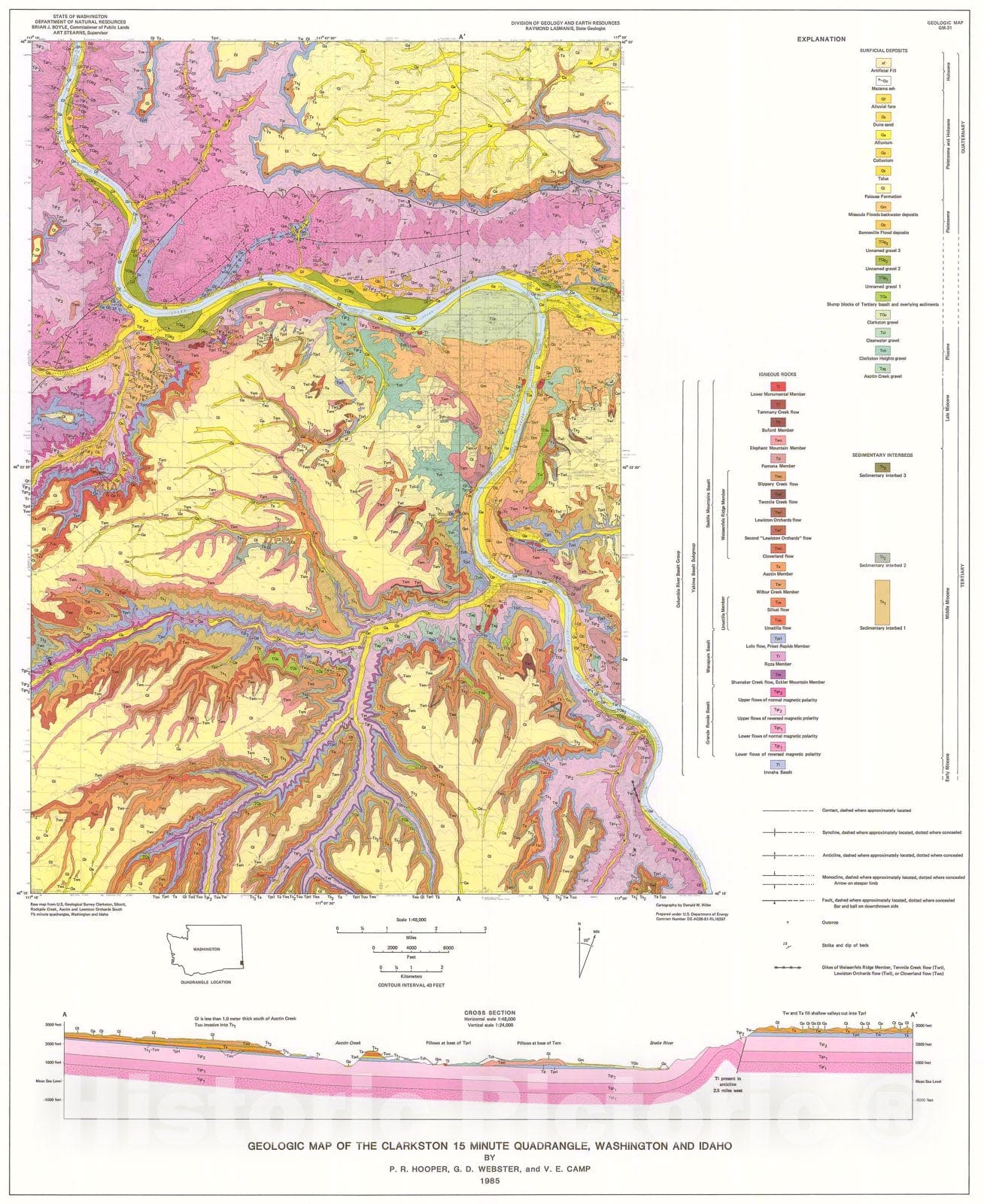 Map : Geologic map of the Clarkston fifteen minute quadrangle, Washington and Idaho, 1985 Cartography Wall Art :