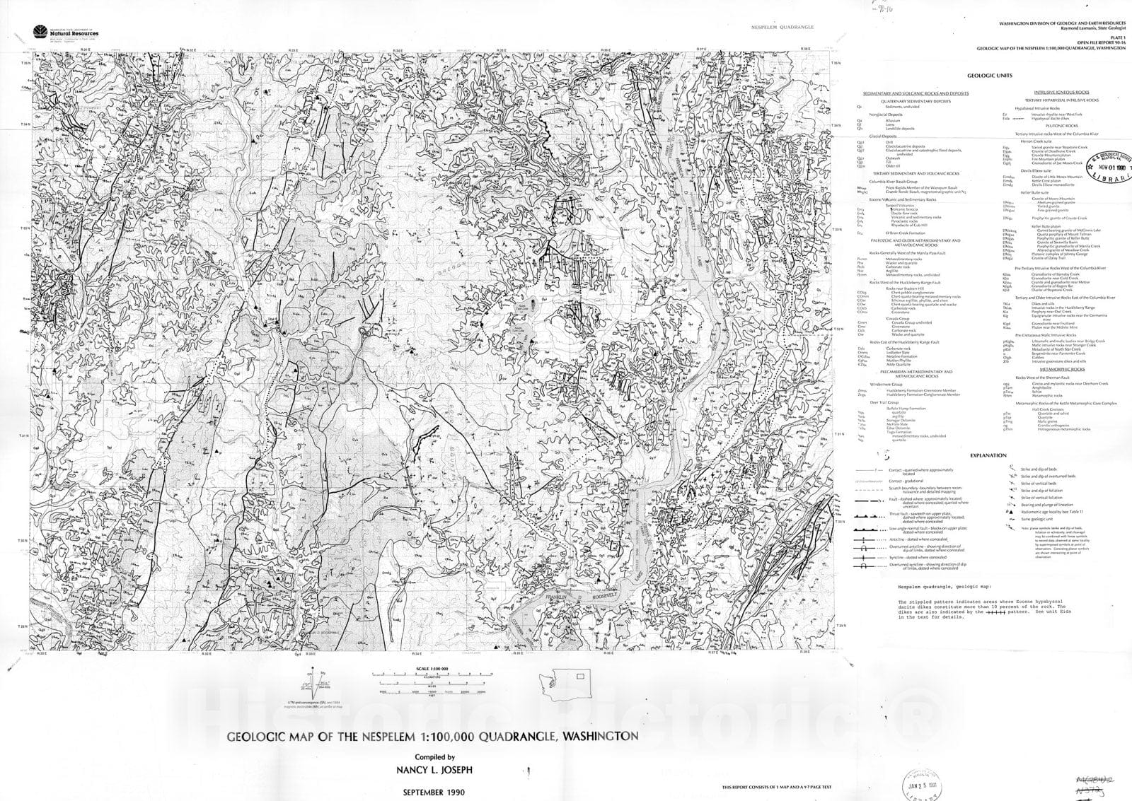 Map : Geologic map of the Nespelem 1:100,000 quadrangle, Washington, 1990 Cartography Wall Art :