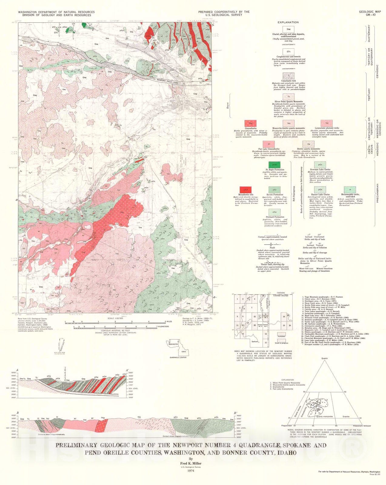 Map : Preliminary geologic map of the Newport Number four quadrangle, Spokane and Pend Oreille Counties, Washington, and Bonner County, Idaho, 197four Cartography Wall Art :