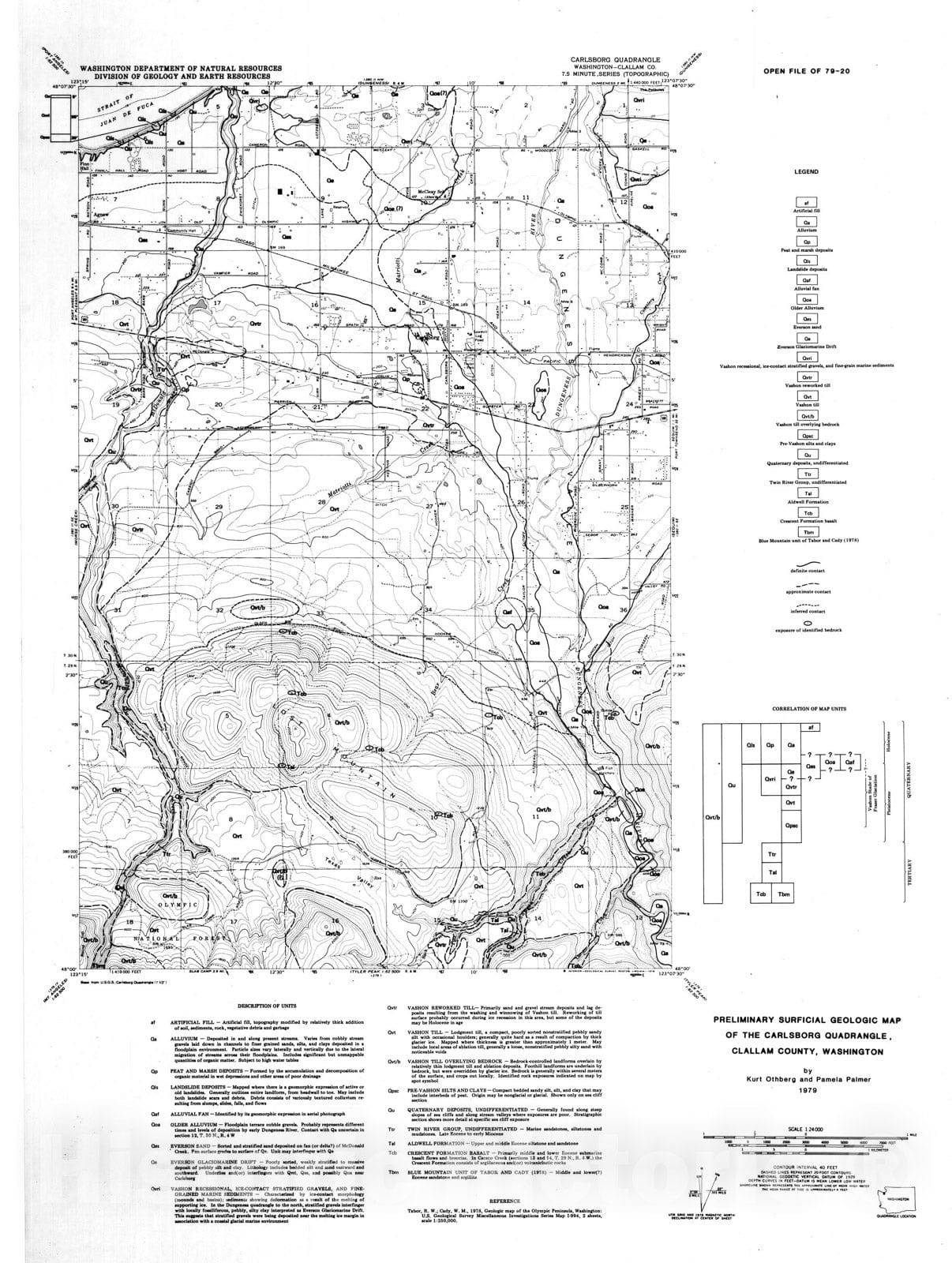 Map : Preliminary surficial geologic map of the Carlsborg quadrangle, Clallam County, Washington, 1982 Cartography Wall Art :