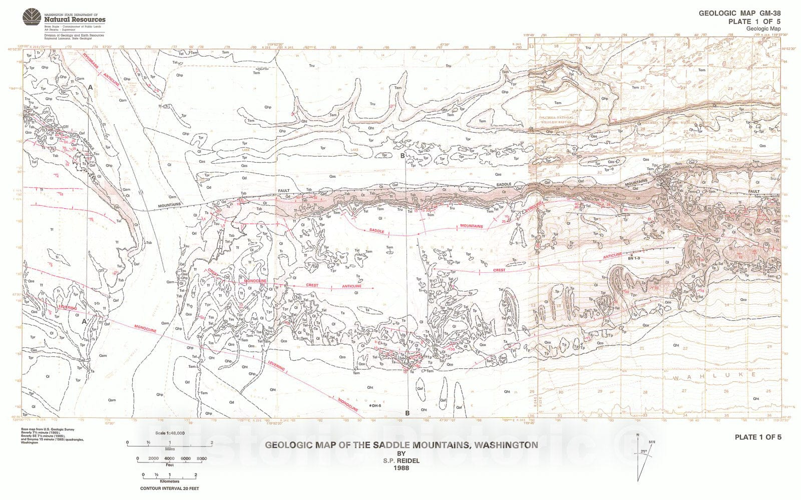 Map : Geologic map of the Saddle Mountains, south-central Washington, 1988 Cartography Wall Art :