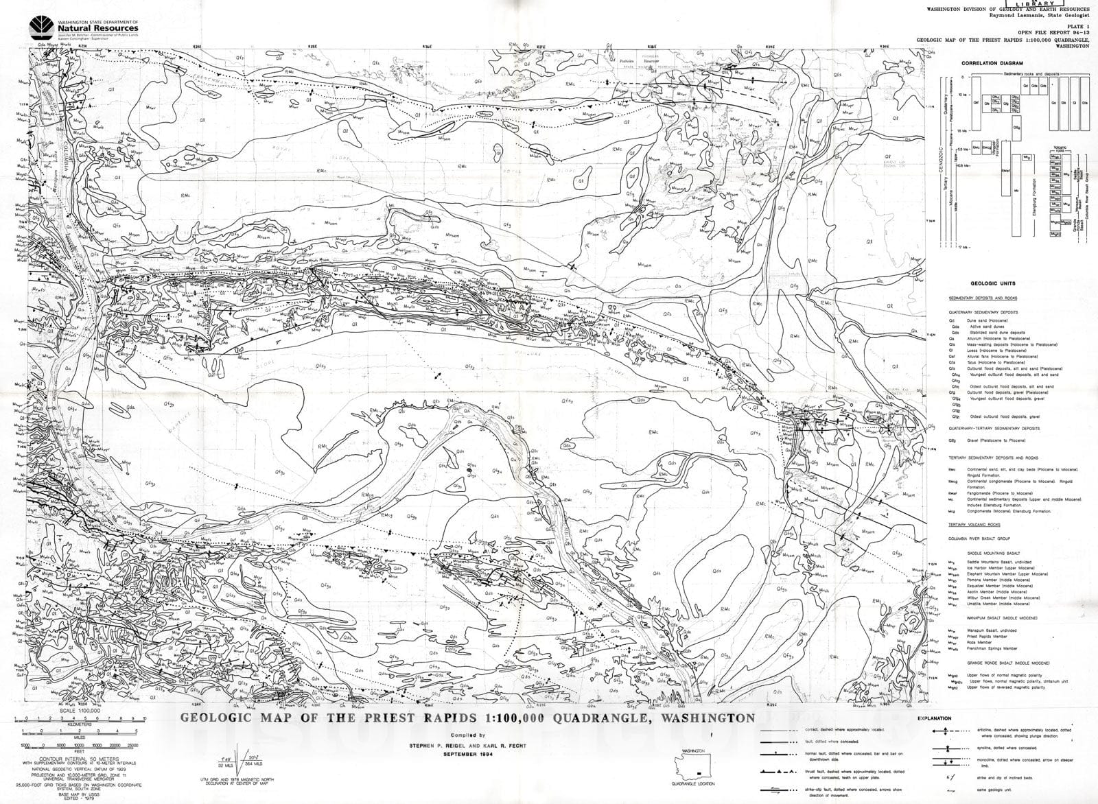 Map : Geologic map of the Priest Rapids 1:100,000 quadrangle, Washington, 1994 Cartography Wall Art :