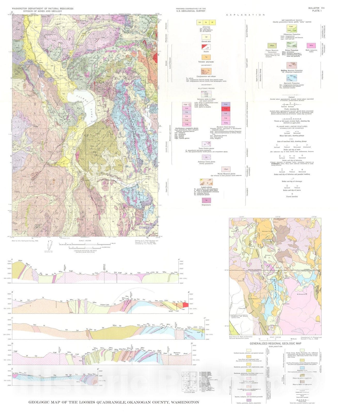 Map : Geology and mineral deposits of the Loomis quadrangle, Okanogan County, Washington, 1972 Cartography Wall Art :
