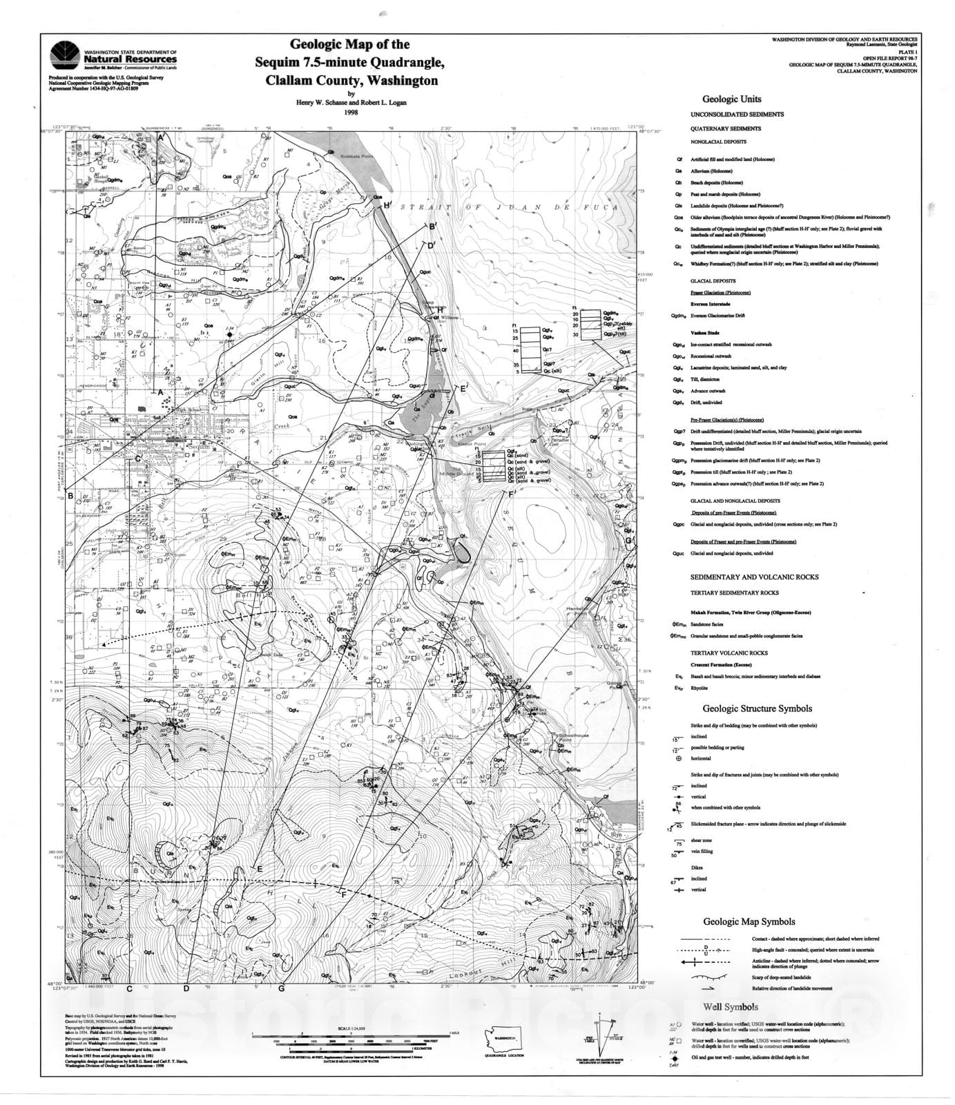Map : Geologic map of the Sequim 7.5-minute quadrangle, Clallam County, Washington, 1998 Cartography Wall Art :