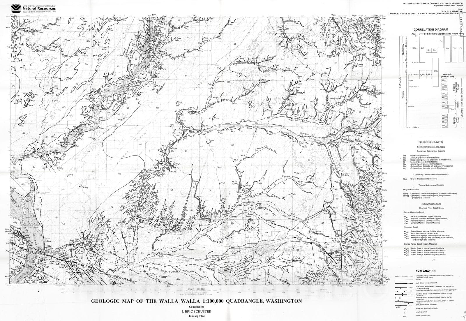 Map : Geologic map of the Walla Walla 1:100,000 quadrangle, Washington, 1994 Cartography Wall Art :