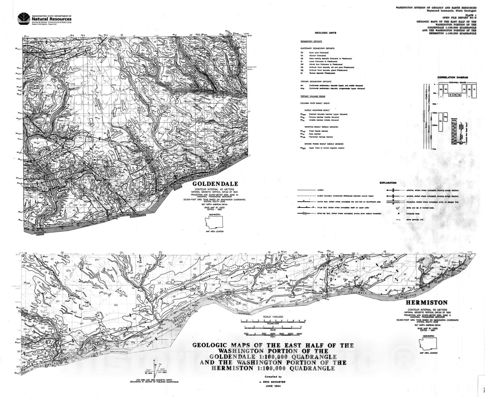 Map : Geologic maps of the east half of the Washington portion of the Goldendale 1:100,000 quadrangle and the Washington, 1994 Cartography Wall Art :