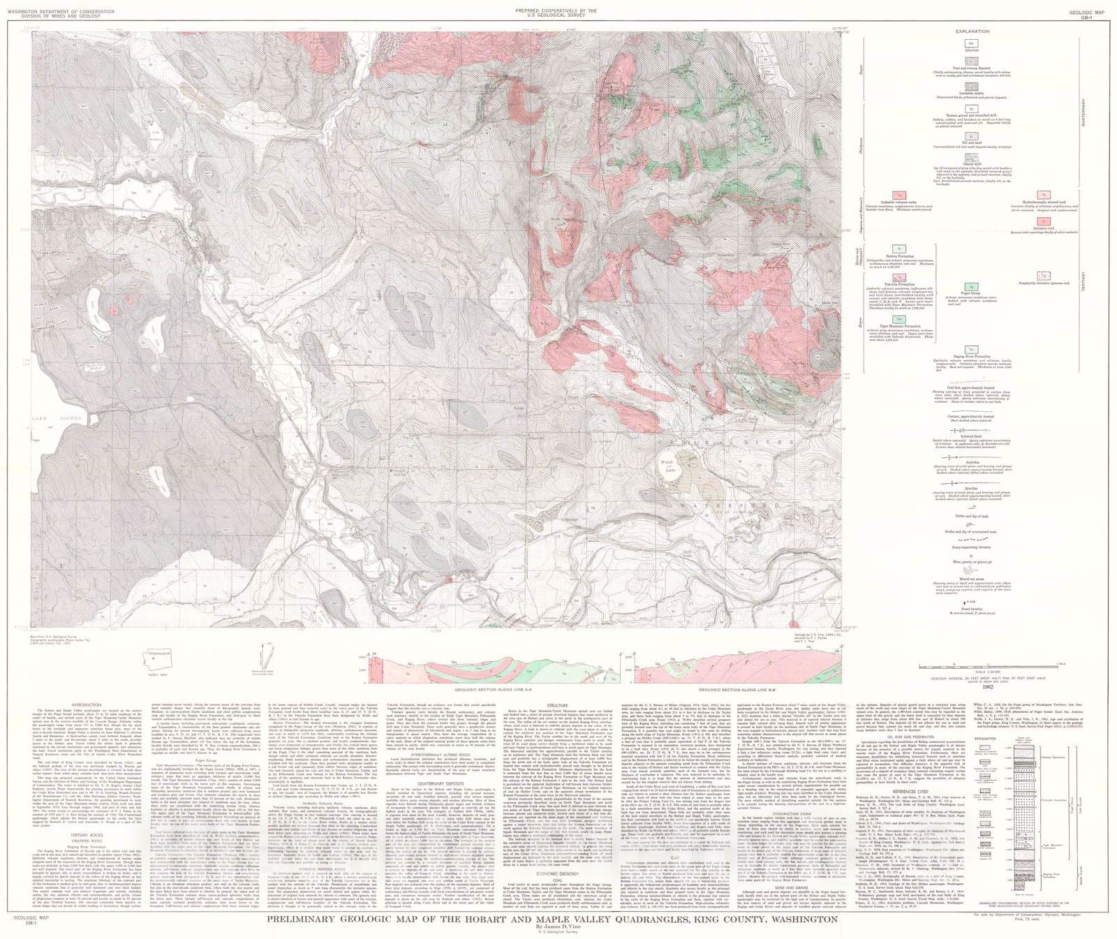 Map : Preliminary geologic map of the Hobart and Maple Valley quadrangles, King County, Washington, 1962 Cartography Wall Art :