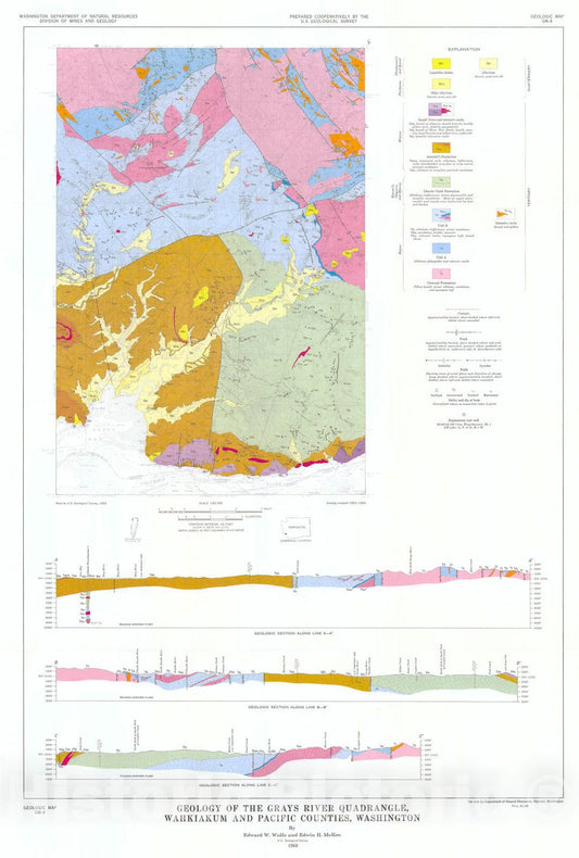 Map : Geology of the Grays River quadrangle, Wahkiakum and Pacific Counties, Washington, 1968 Cartography Wall Art :