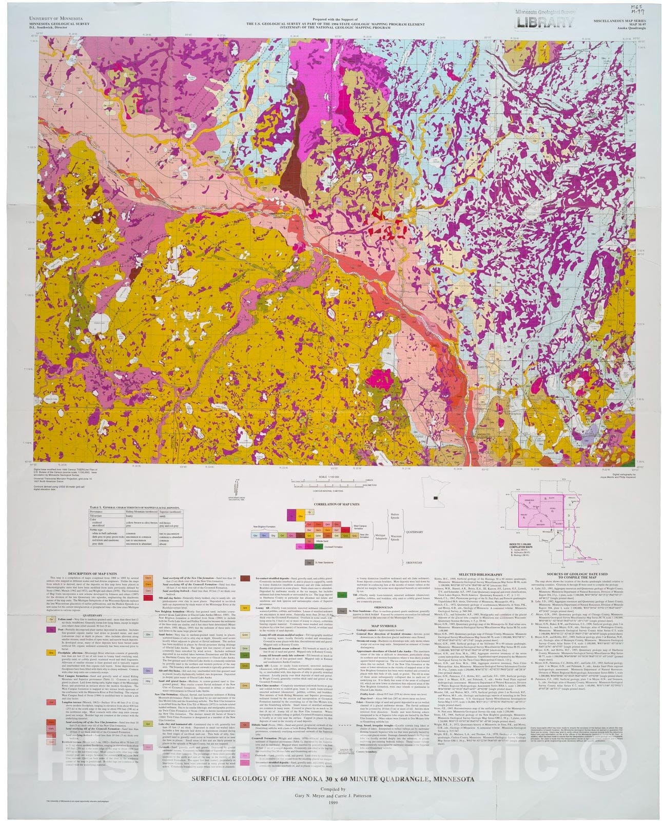 Map : Surficial geology of the Anoka thirty x sixty minute quadrangle, Minnesota, 1999 Cartography Wall Art :