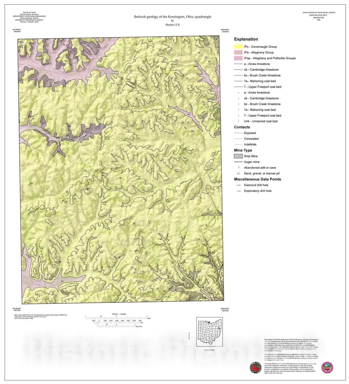 Map : Bedrock geology of the Kensington, Ohio, quadrangle, 1992 Cartography Wall Art :