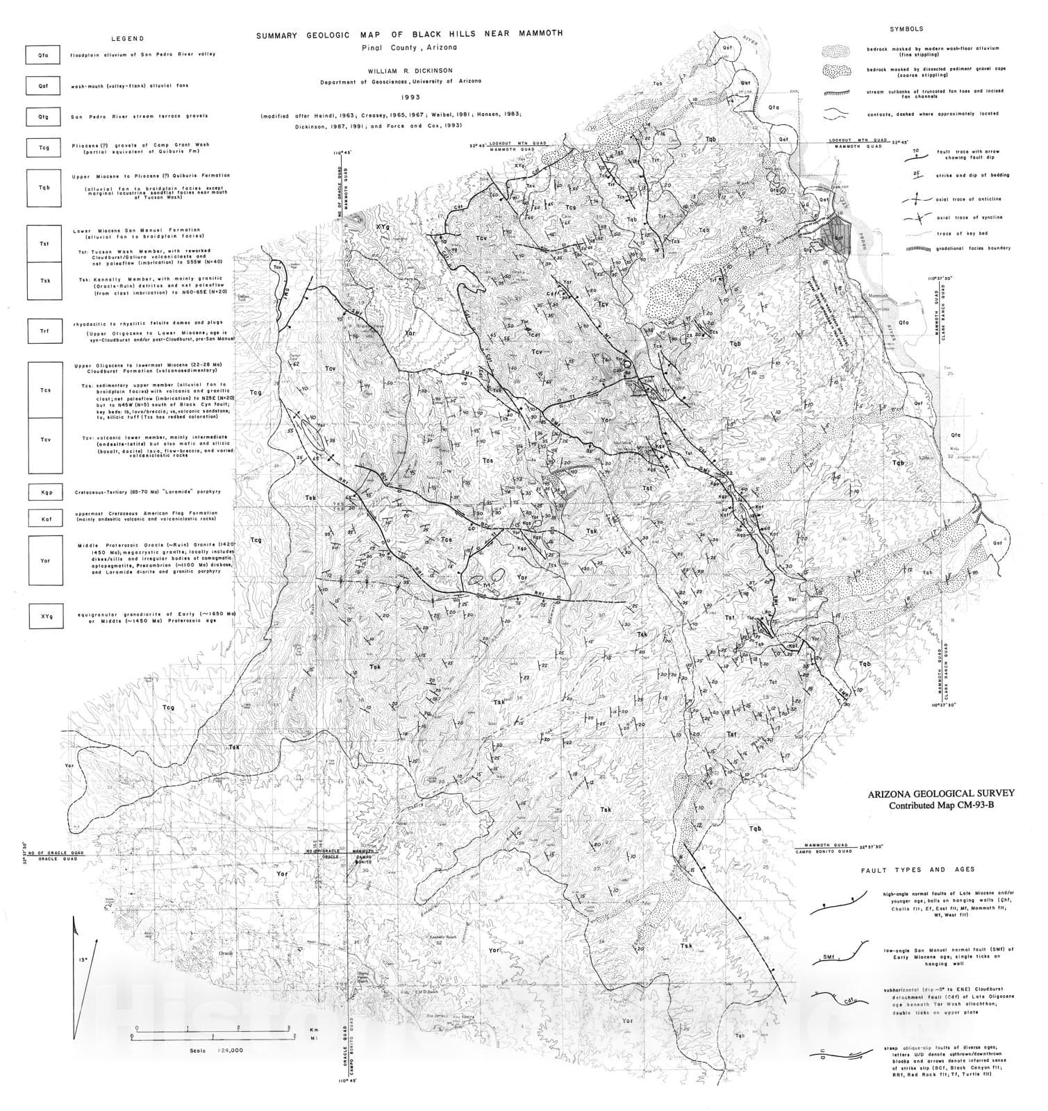 Map : Summary geologic map of Black Hills near Mammoth, Pinal County, Arizona [Mammoth 7.5 min], 1993 Cartography Wall Art :