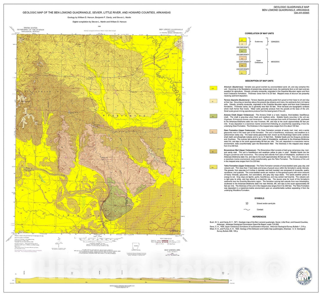 Map : Geologic Map of the Ben Lomond Quadrangle, Howard, Little River and Sevier Counties, Arkansas, 1998 Cartography Wall Art :