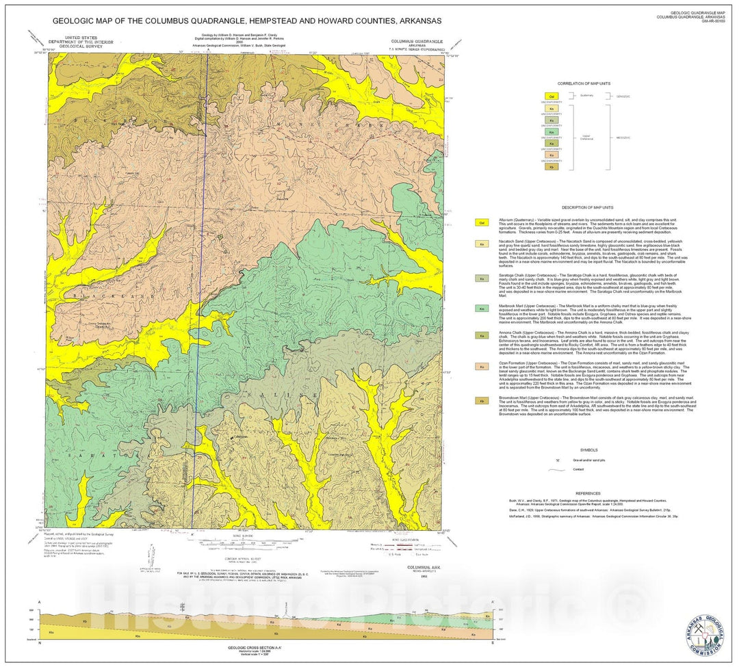Map : Geologic Map of the Columbus Quadrangle, Hempstead and Howard Counties, Arkansas, 1997 Cartography Wall Art :