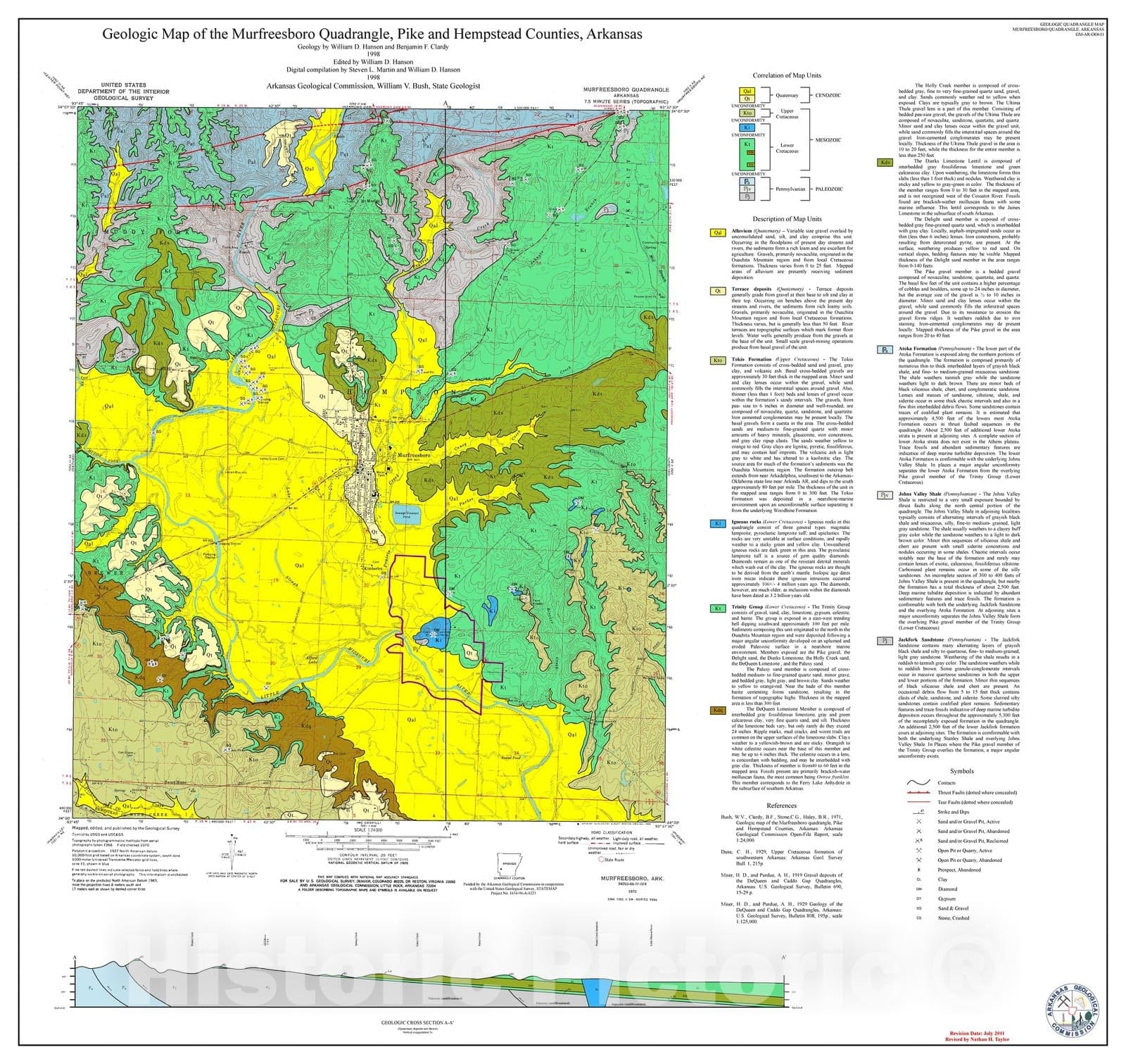 Map : Geologic Map of the Murfreesboro Quadrangle, Hempstead and Pike Counties, Arkansas, 1997 Cartography Wall Art :