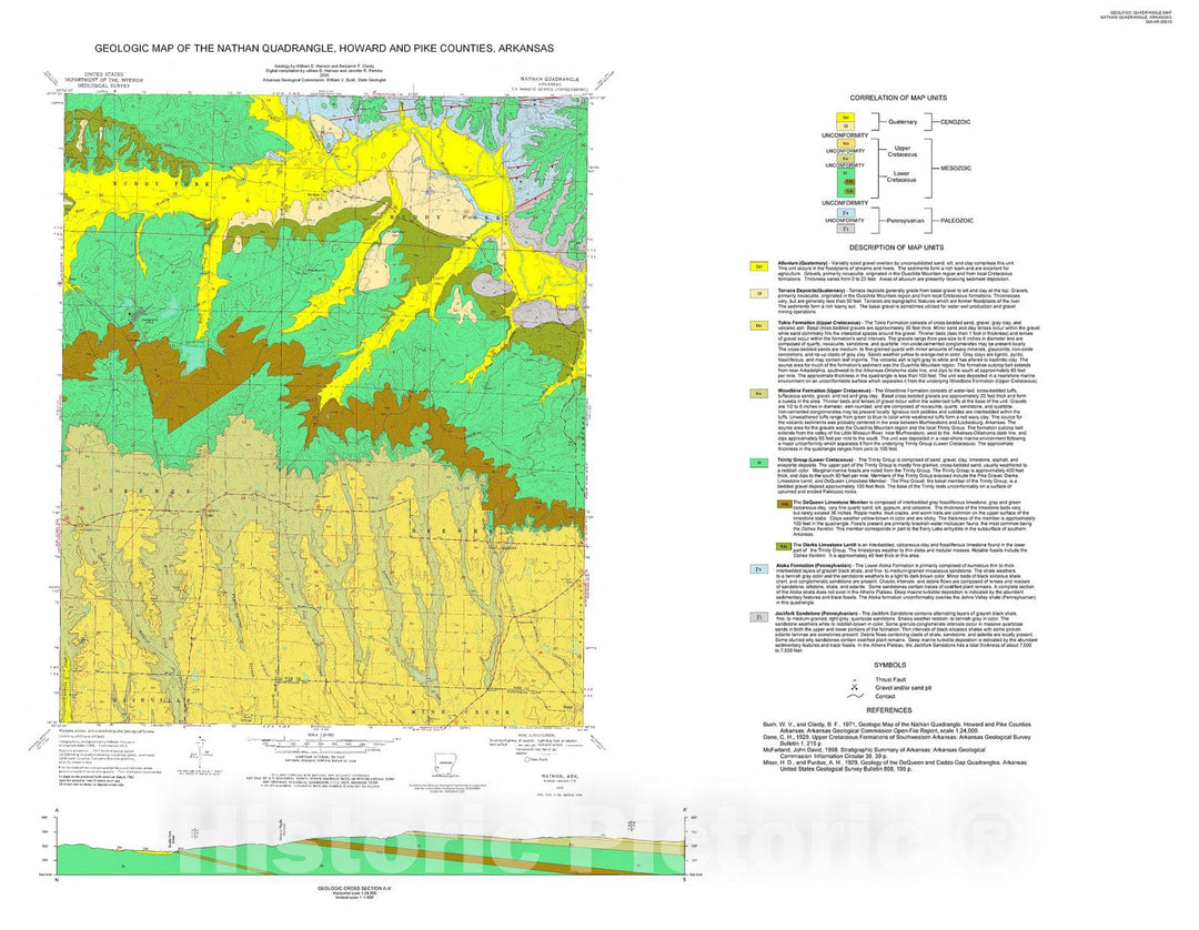 Map : Geologic Map of the Nathan Quadrangle, Hempstead, Howard, and Pike Counties, Arkansas, 1997 Cartography Wall Art :