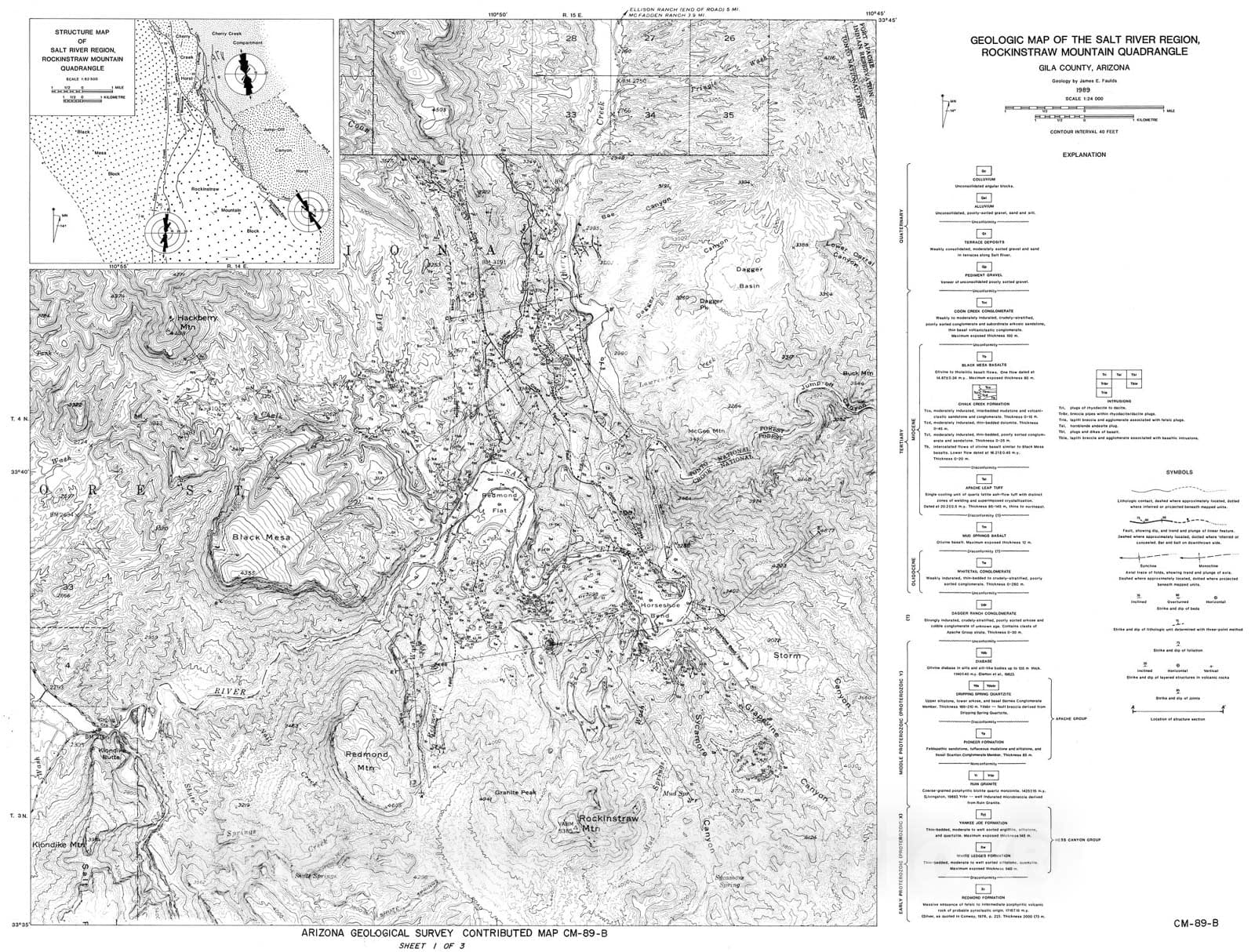 Map : Geologic map of the Salt River region, Rockinstraw Mountain quadrangle, Gila County, Arizona [Dagger Peak, and Meddler Wash 7.5 min], 1989 Cartography Wall Art :