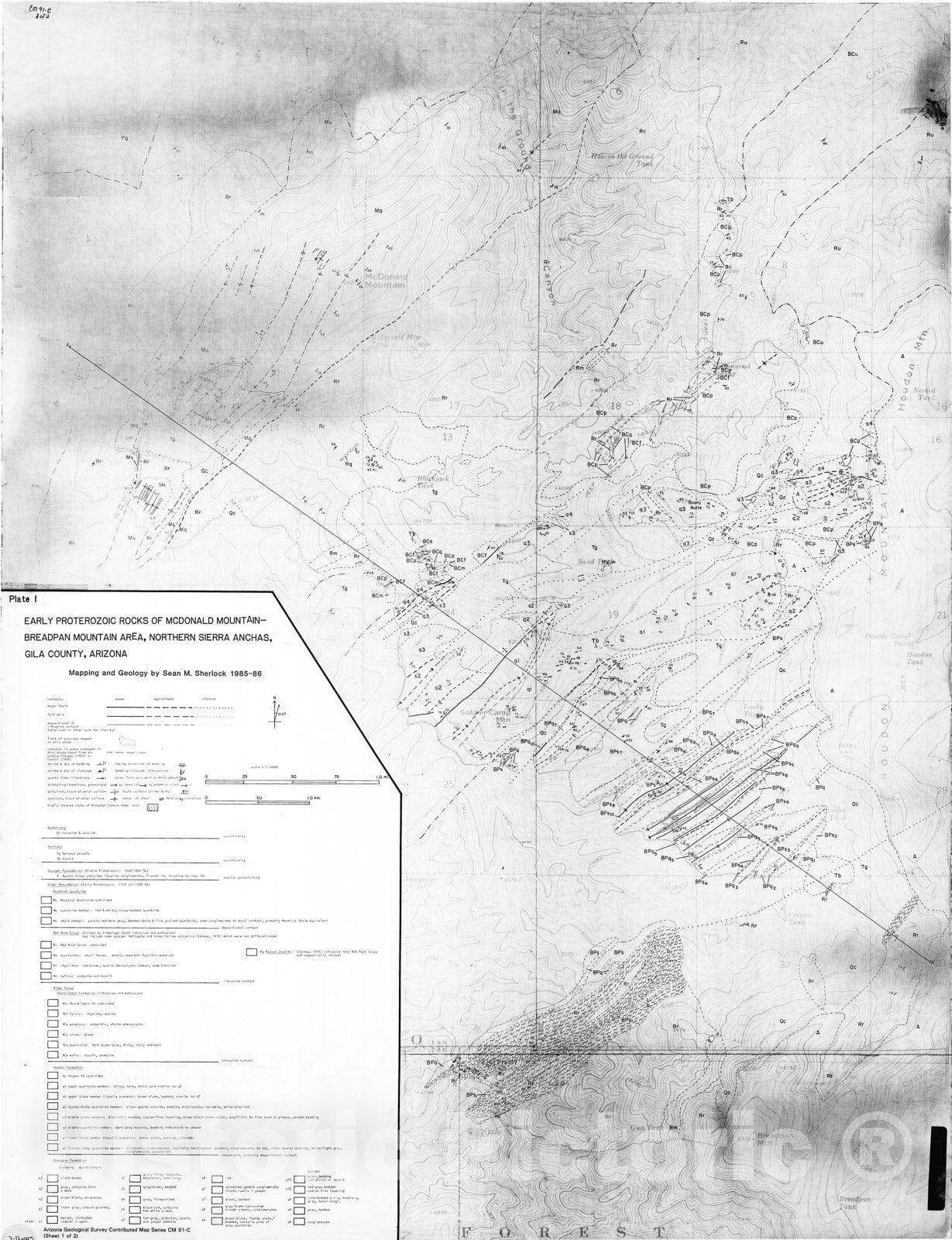 Map : Geologic map and cross-section of Early Proterozoic rocks of McDonald Mountain - Breadpan Mountain area, northern Sierra Anchas, Gila County, Arizona, 1991 Cartography Wall Art :