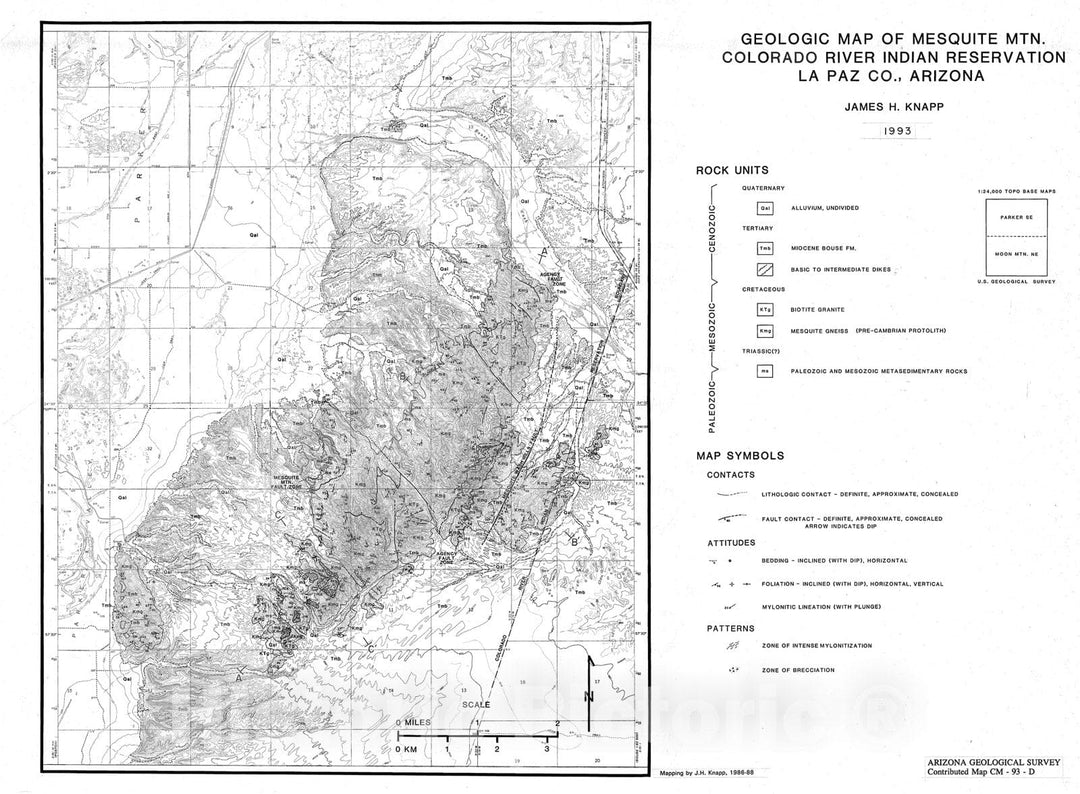 Map : Geologic map of Mesquite Mtn., Colorado River Indian Reservation, La Paz Co., Arizona [Parker SE, and Moon Mtn. NE 7.5 min], 1993 Cartography Wall Art :