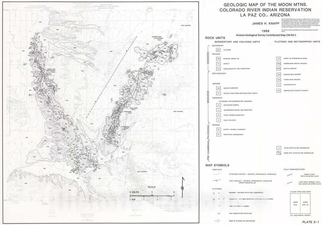 Map : Geologic map of the Moon Mtns., Colorado River Indian Reservation, La Paz Co., Arizona [Moon Mtn., and Moon Mtn. SE 7.5 min], 1993 Cartography Wall Art :