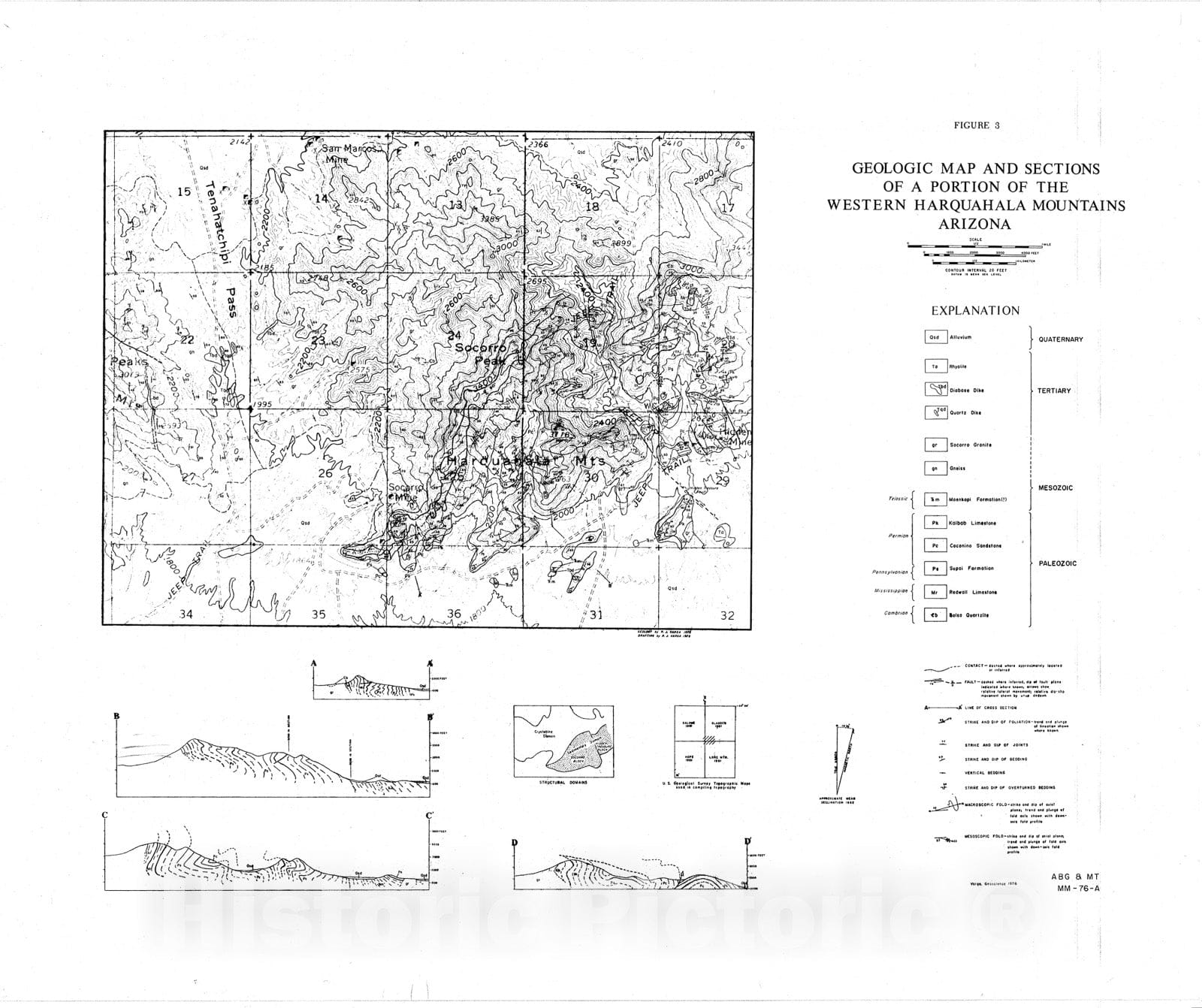 Map : Geologic map and sections of a portion of the western Harquahala Mountains, Arizona, 1976 Cartography Wall Art :
