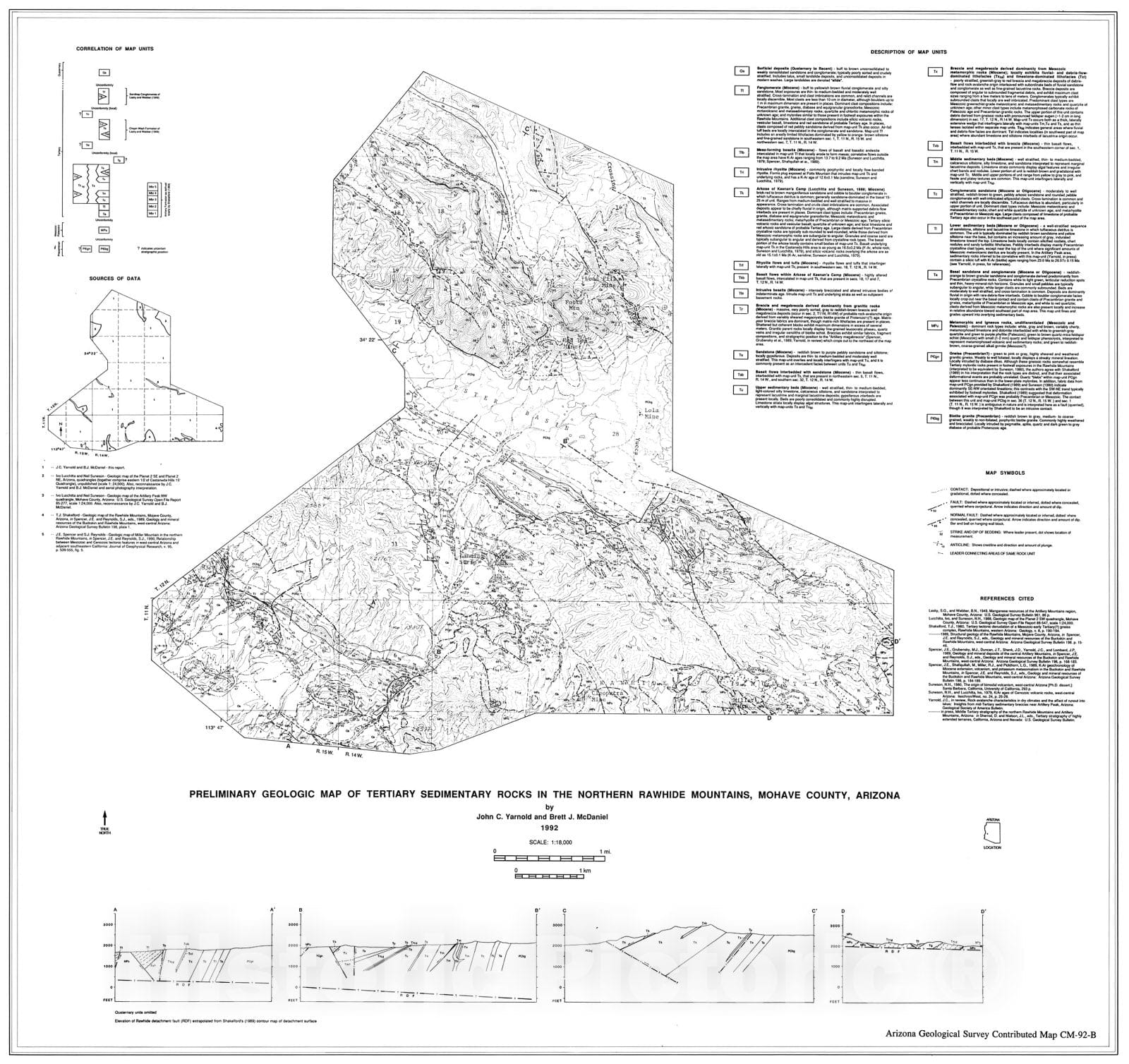 Map : Preliminary geologic map of Tertiary sedimentary rocks in the northern Rawhide Mountains, Mohave County, Arizona, 1992 Cartography Wall Art :