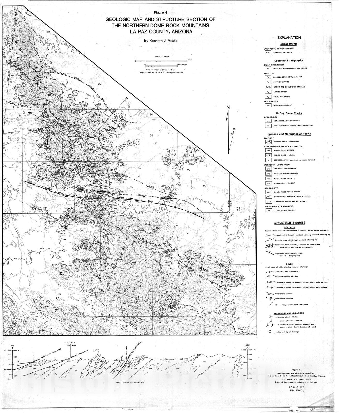 Map : Geologic map and structure section of the northern Dome Rock Mountains, La Paz County, Arizona, 1985 Cartography Wall Art :