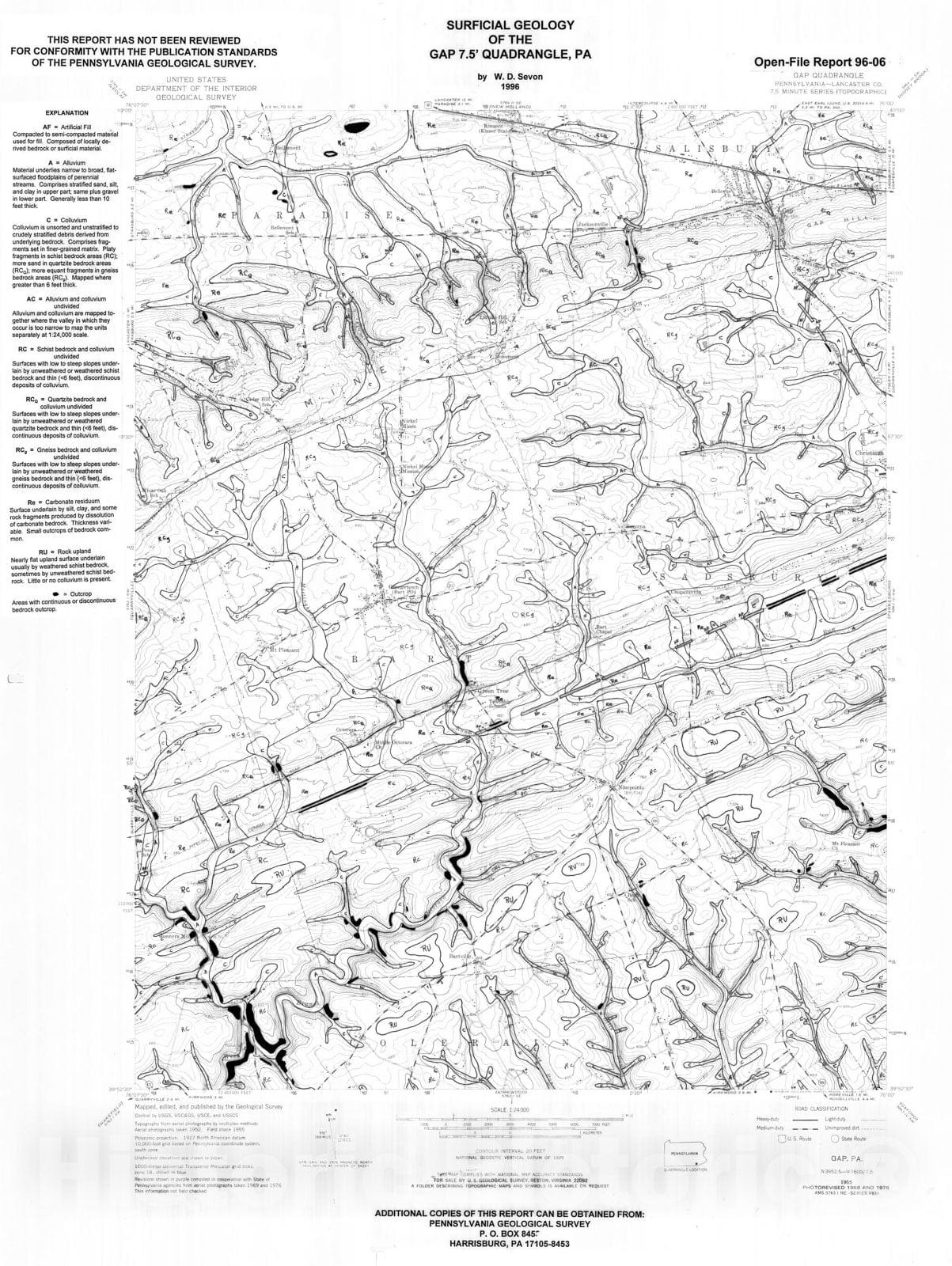 Map : Surficial geology of the Gap 7.5' quadrangle, PA, 1996 Cartography Wall Art :