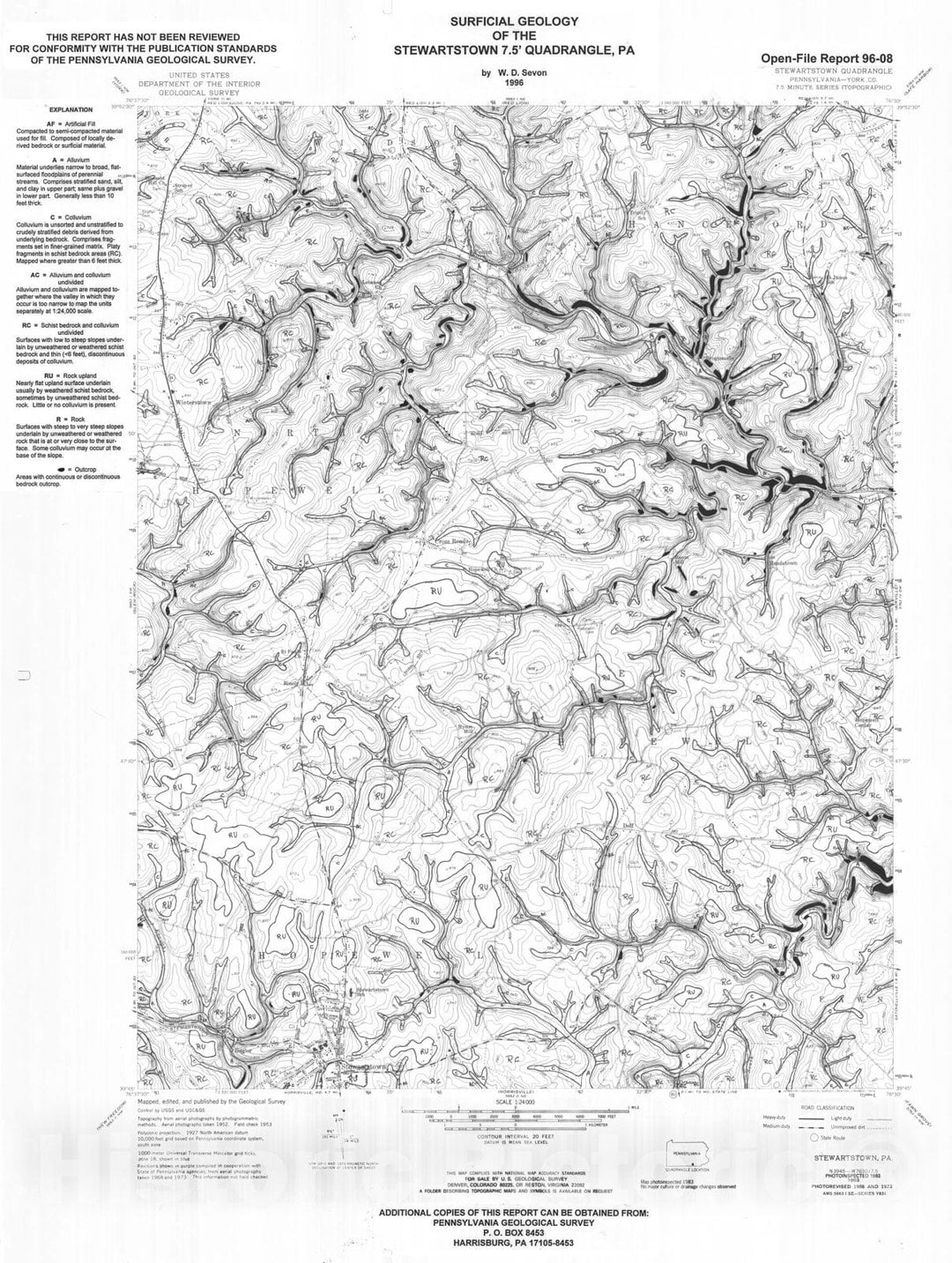 Map : Surficial geology of the Stewartstown 7.5' quadrangle, PA, 1996 Cartography Wall Art :