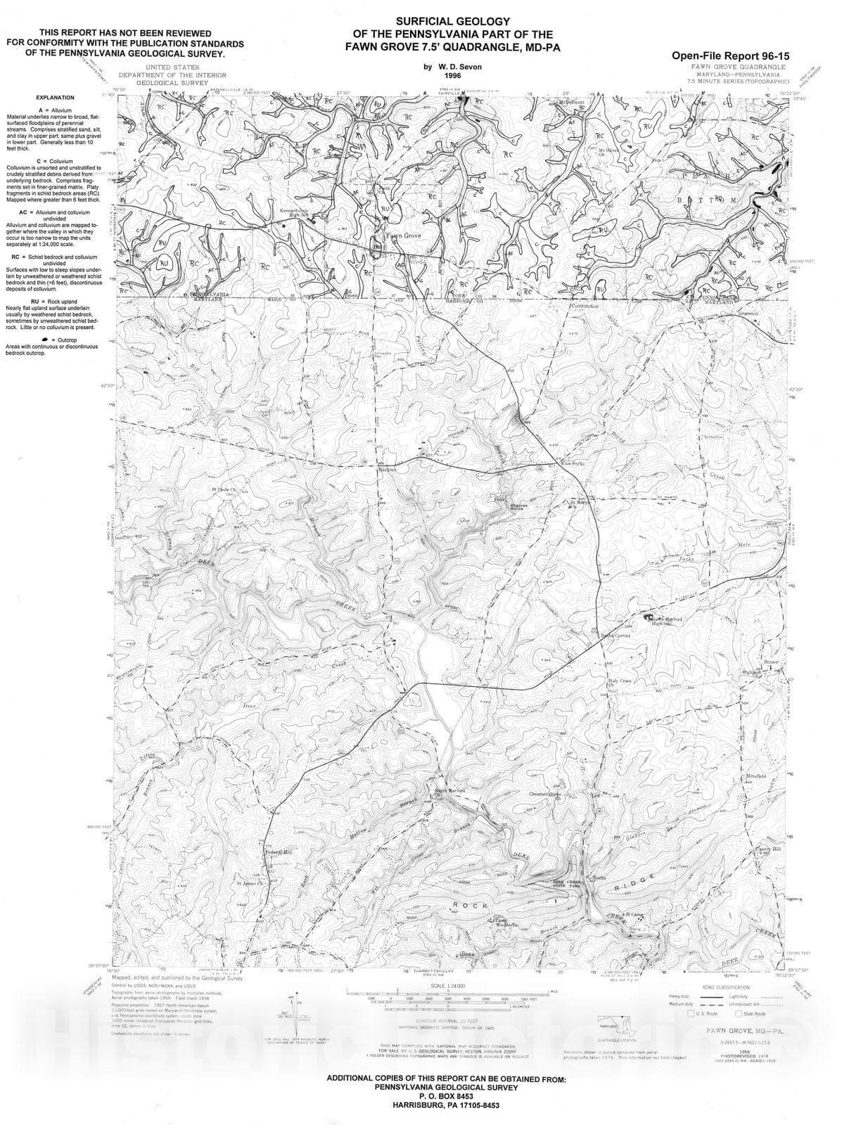 Map : Surficial geology of the Pennsylvania part of the Fawn Grove 7.5' quadrangle, MD-PA, 1996 Cartography Wall Art :