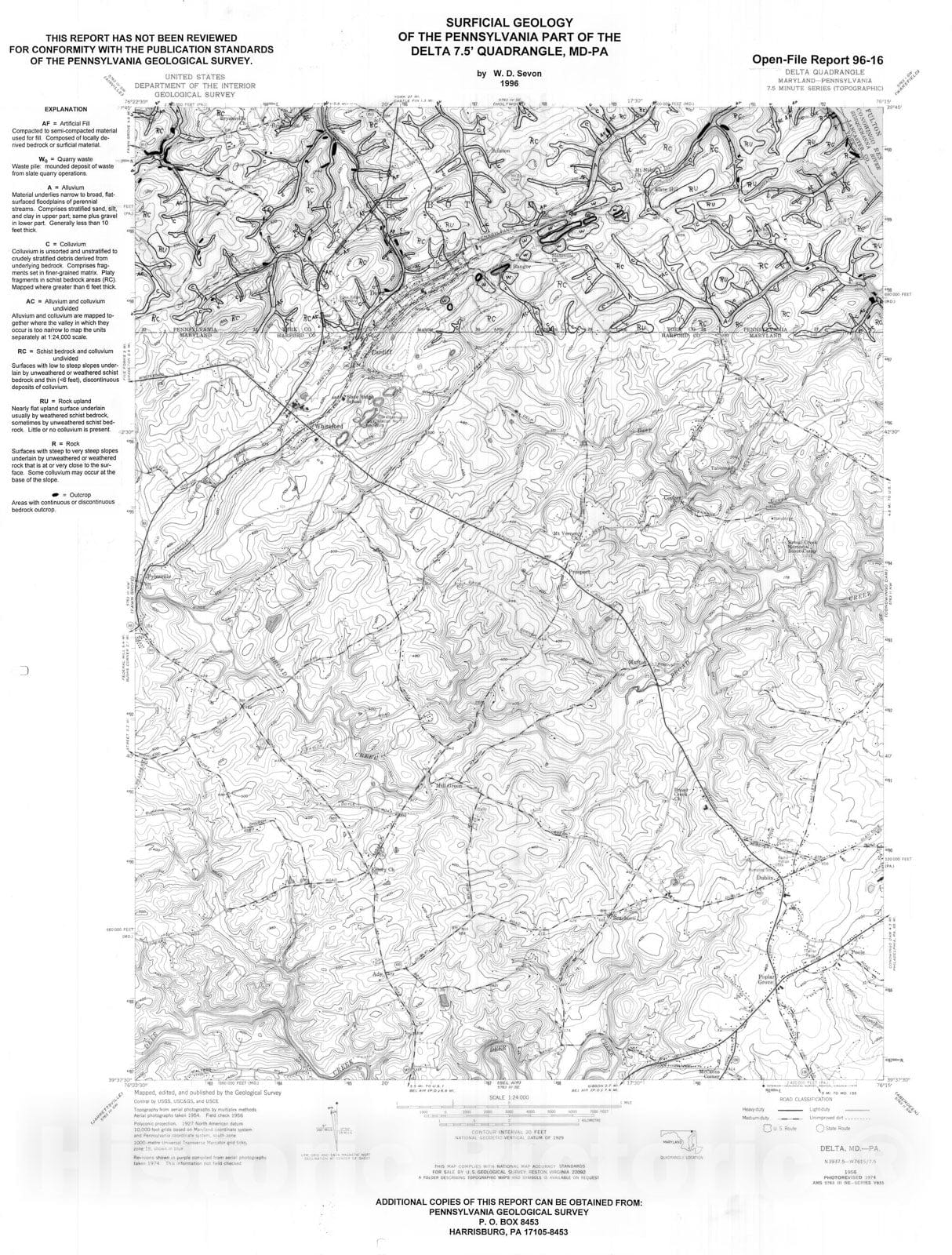 Map : Surficial geology of the Pennsylvania part of the Delta 7.5' quadrangle, MD-PA, 1996 Cartography Wall Art :