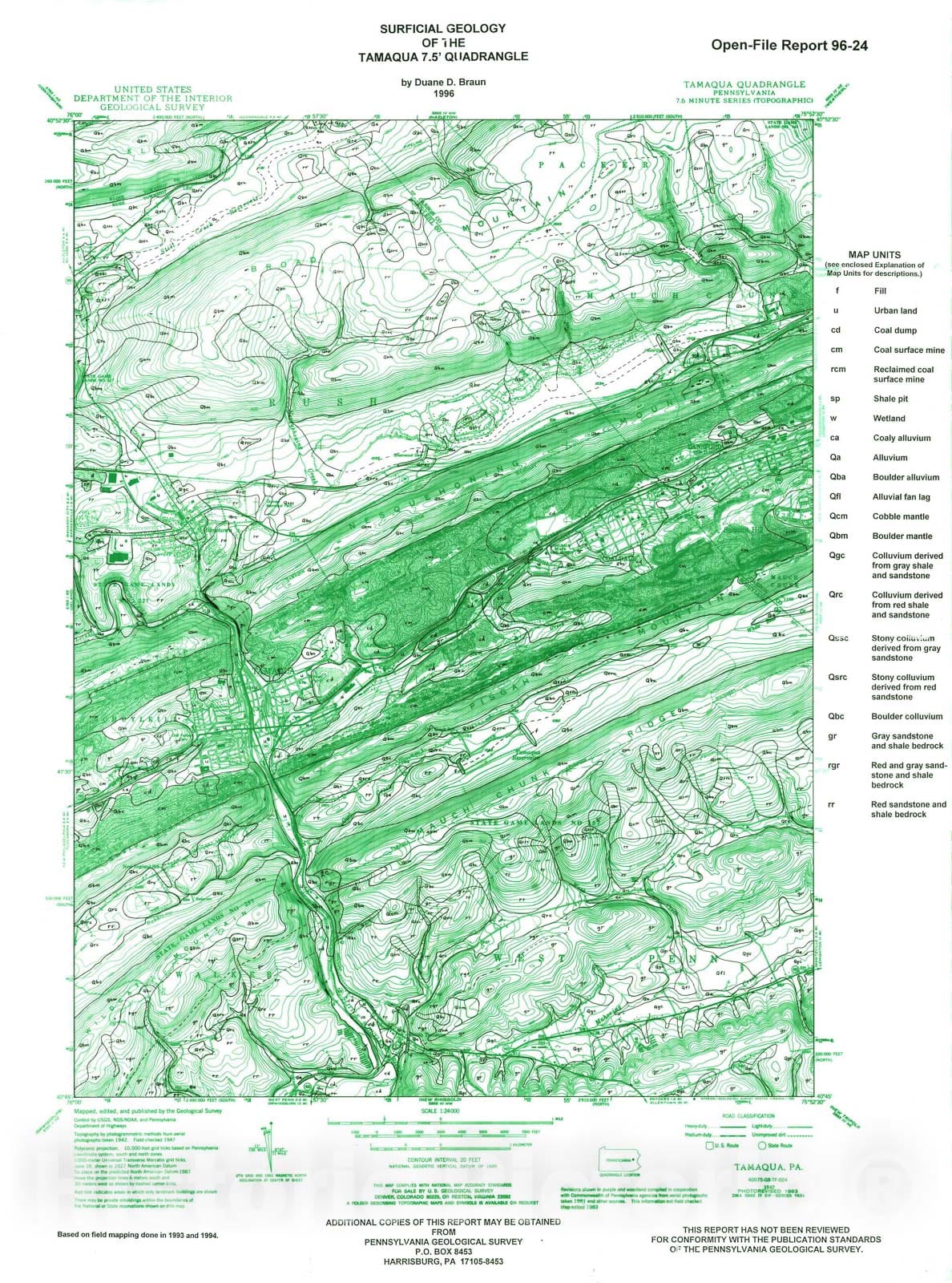 Map : Surficial geology of the Tamaqua 7.5' quadrangle, Carbon and Schuylkill Counties, Pennsylvania, 1996 Cartography Wall Art :