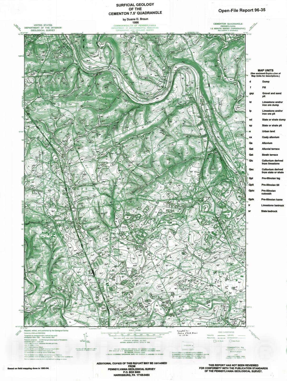 Map : Surficial geology of the Cementon 7.5' quadrangle, Lehigh and Northampton Counties, Pennsylvania, 1996 Cartography Wall Art :