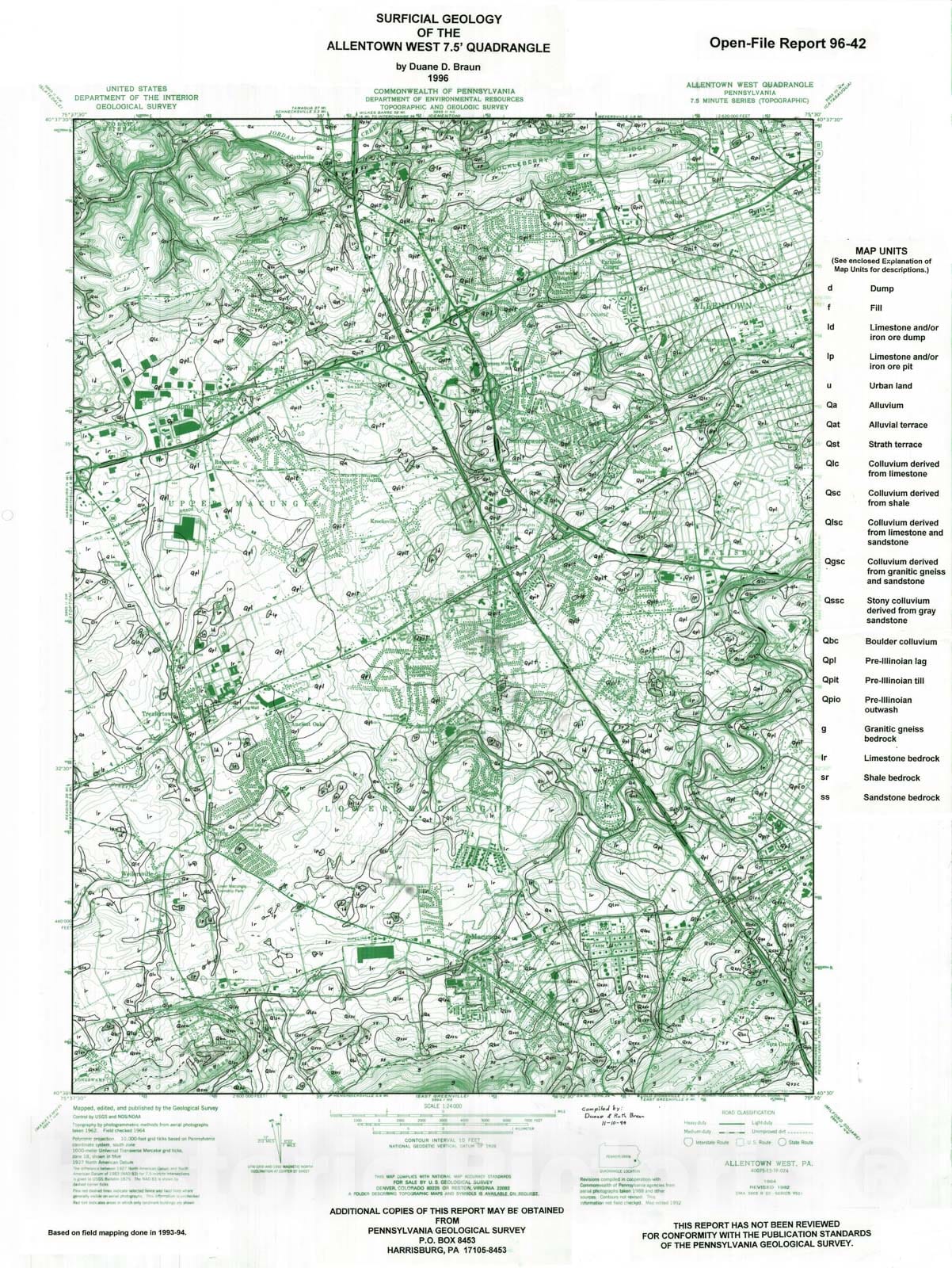 Map : Surficial geology of the Allentown West 7.5' quadrangle, Berks and Lehigh Counties, Pennsylvania, 1996 Cartography Wall Art :