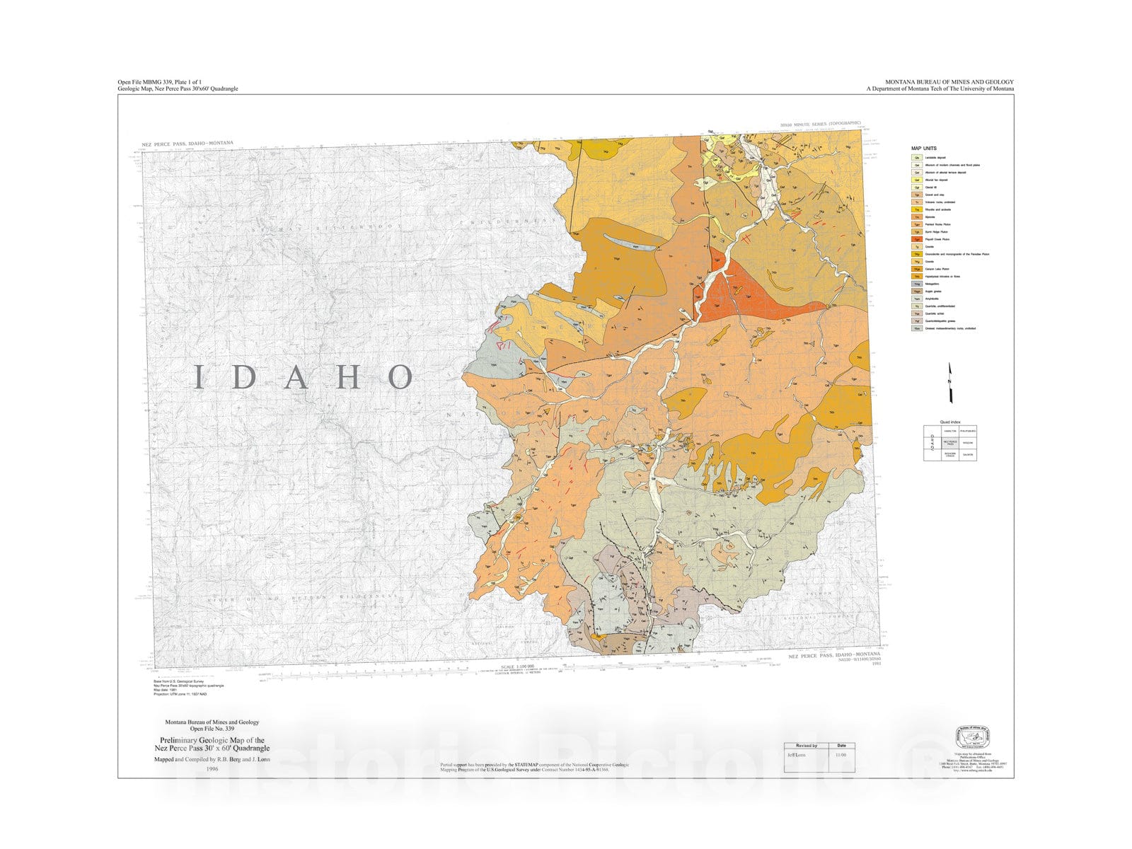 Map : The preliminary geologic map of the Nez Perce Pass 30' x 60' quadrangle, Montana, revised 1999, 1996 Cartography Wall Art :