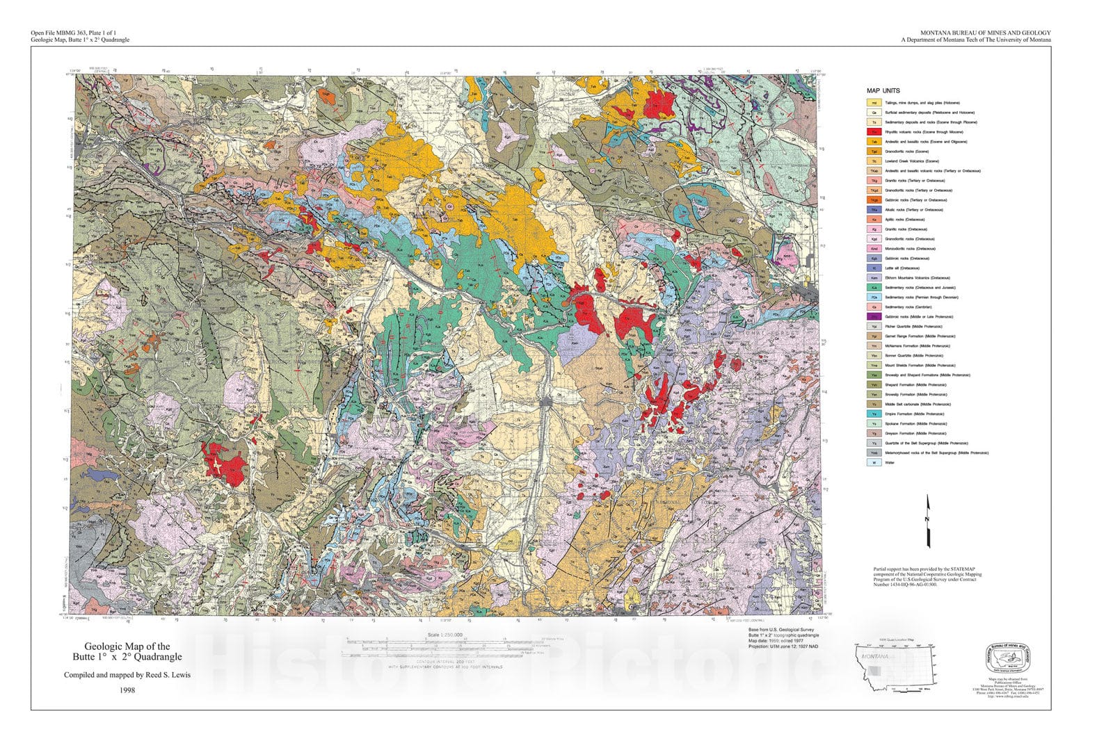 Map : Geologic map of the Butte one degree x two degree quadrangle, one998 Cartography Wall Art :