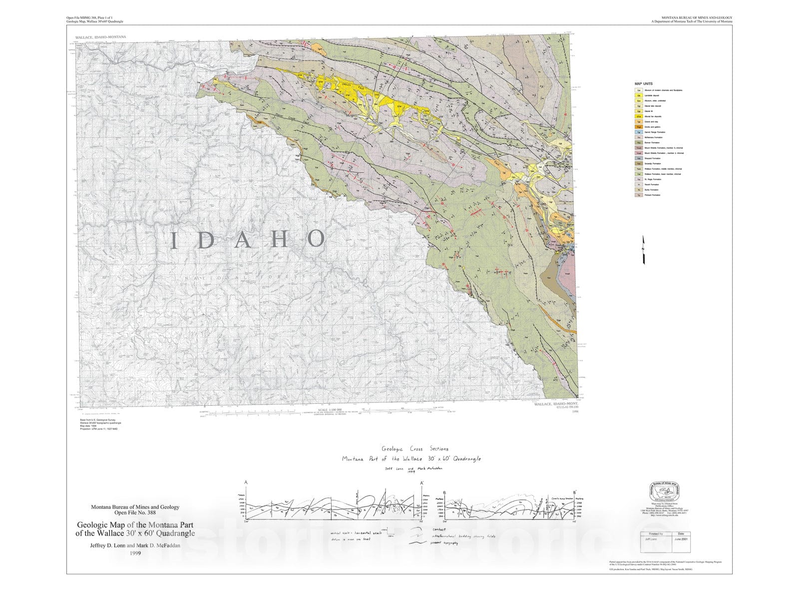 Map : Geologic map of the Montana part of the Wallace 30' x 60' quadrangle, 1999 Cartography Wall Art :