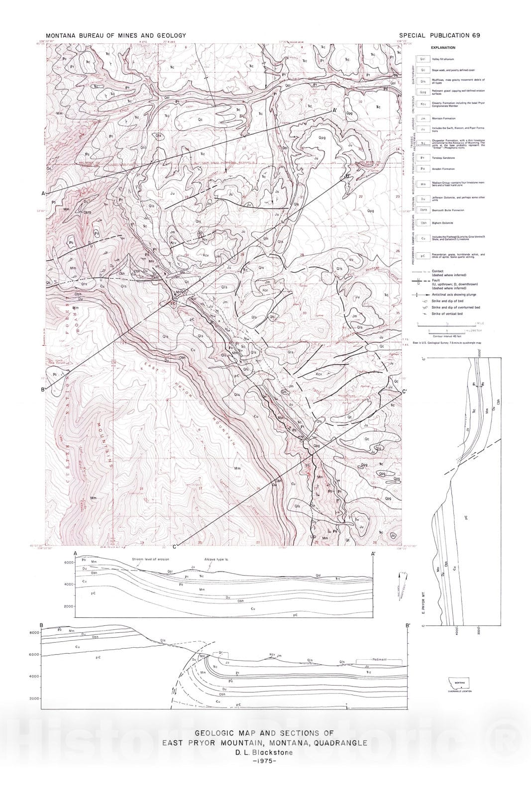 Map : Geology of the East Pryor Mountain quadrangle, Carbon county, Montana, 1975 Cartography Wall Art :